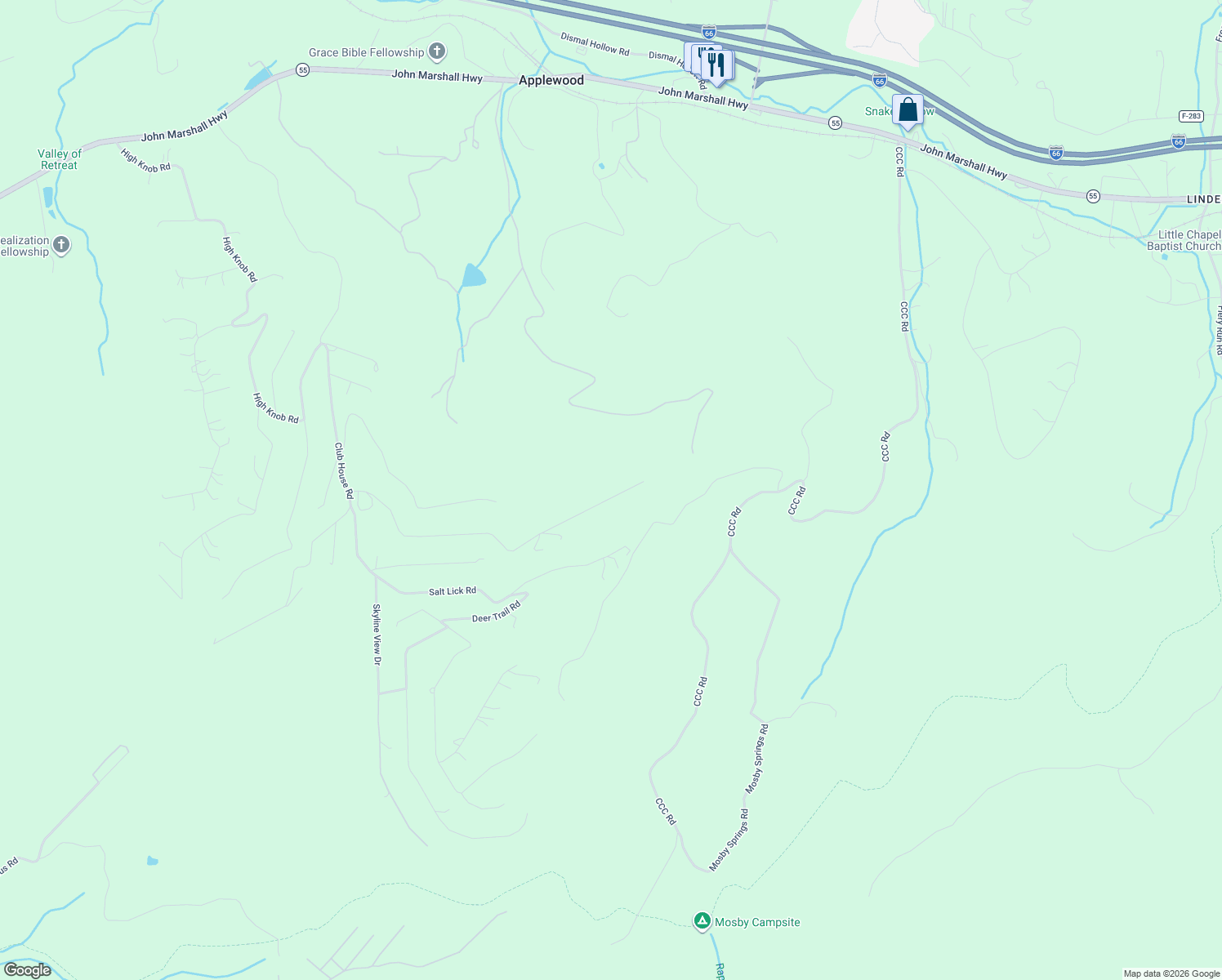 map of restaurants, bars, coffee shops, grocery stores, and more near 871 Windy Way in Front Royal