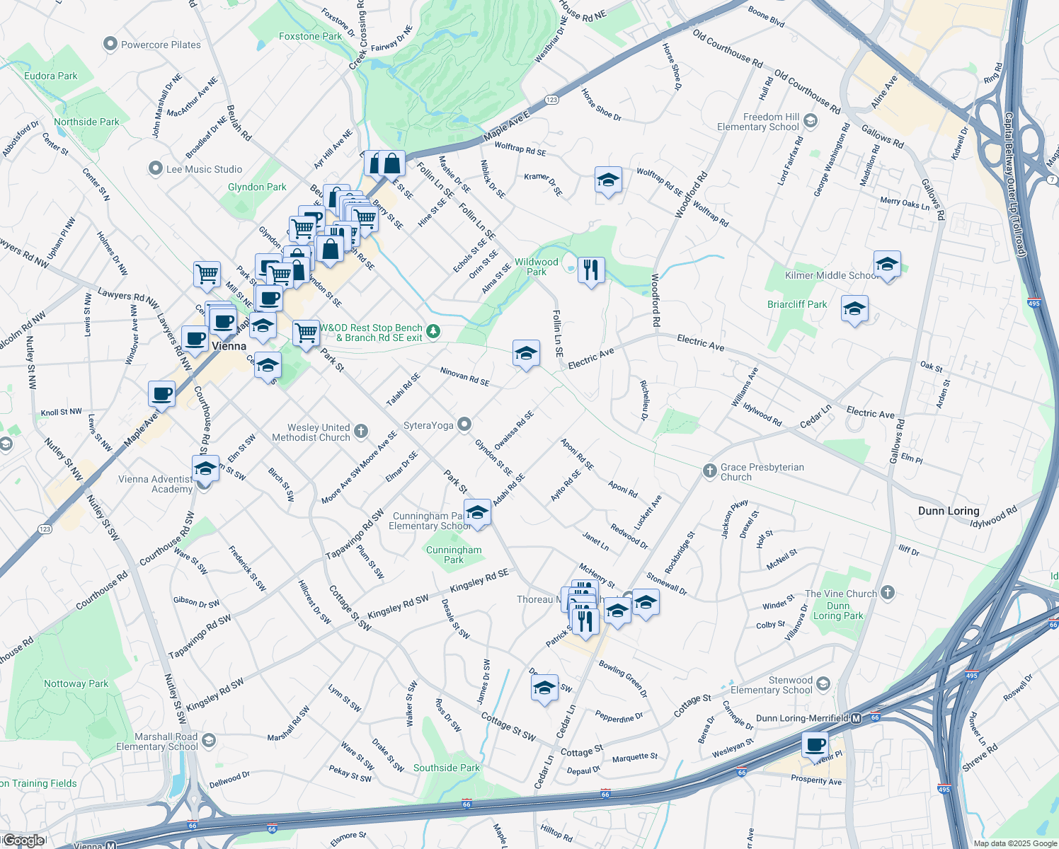 map of restaurants, bars, coffee shops, grocery stores, and more near 325 Owaissa Road Southeast in Vienna