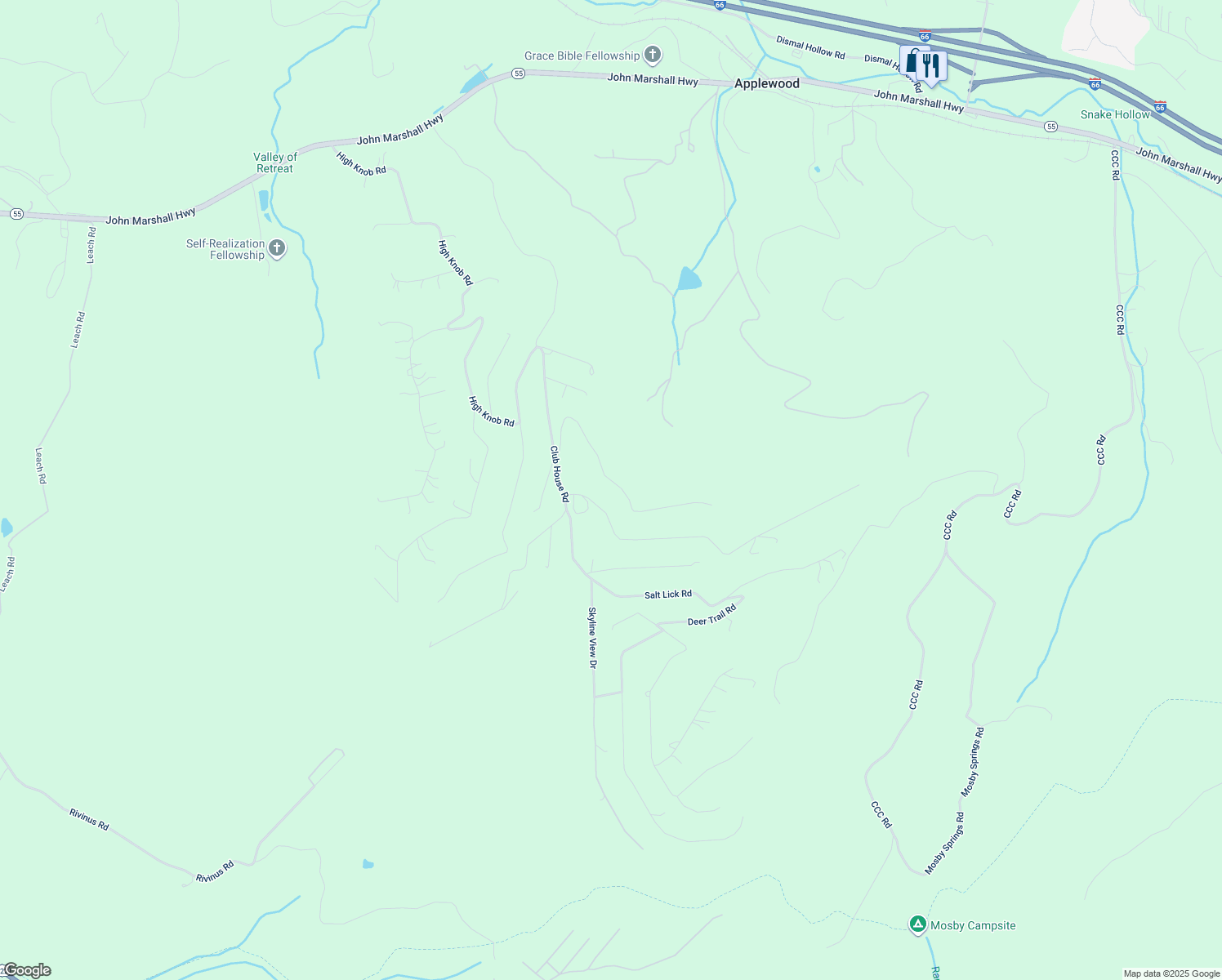 map of restaurants, bars, coffee shops, grocery stores, and more near 378 Split Rail Road in Front Royal