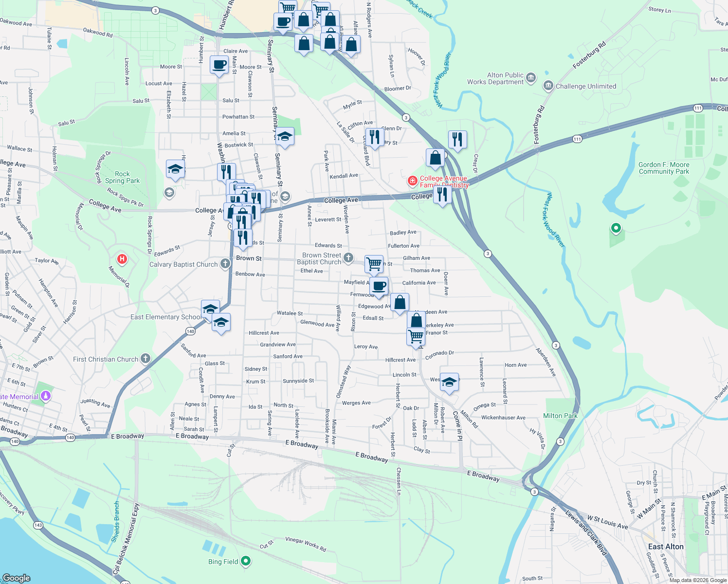 map of restaurants, bars, coffee shops, grocery stores, and more near 3308 Fernwood Avenue in Alton
