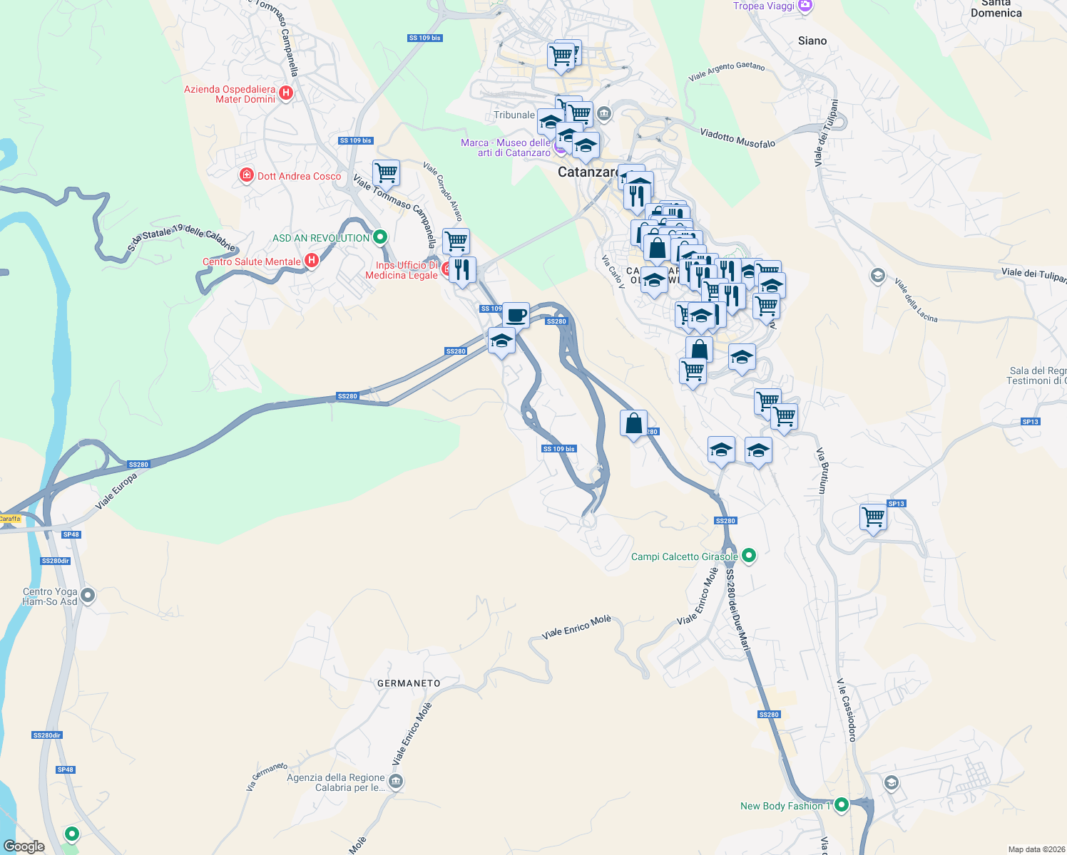 map of restaurants, bars, coffee shops, grocery stores, and more near 86 Viale Vincenzo de Filippis in Catanzaro