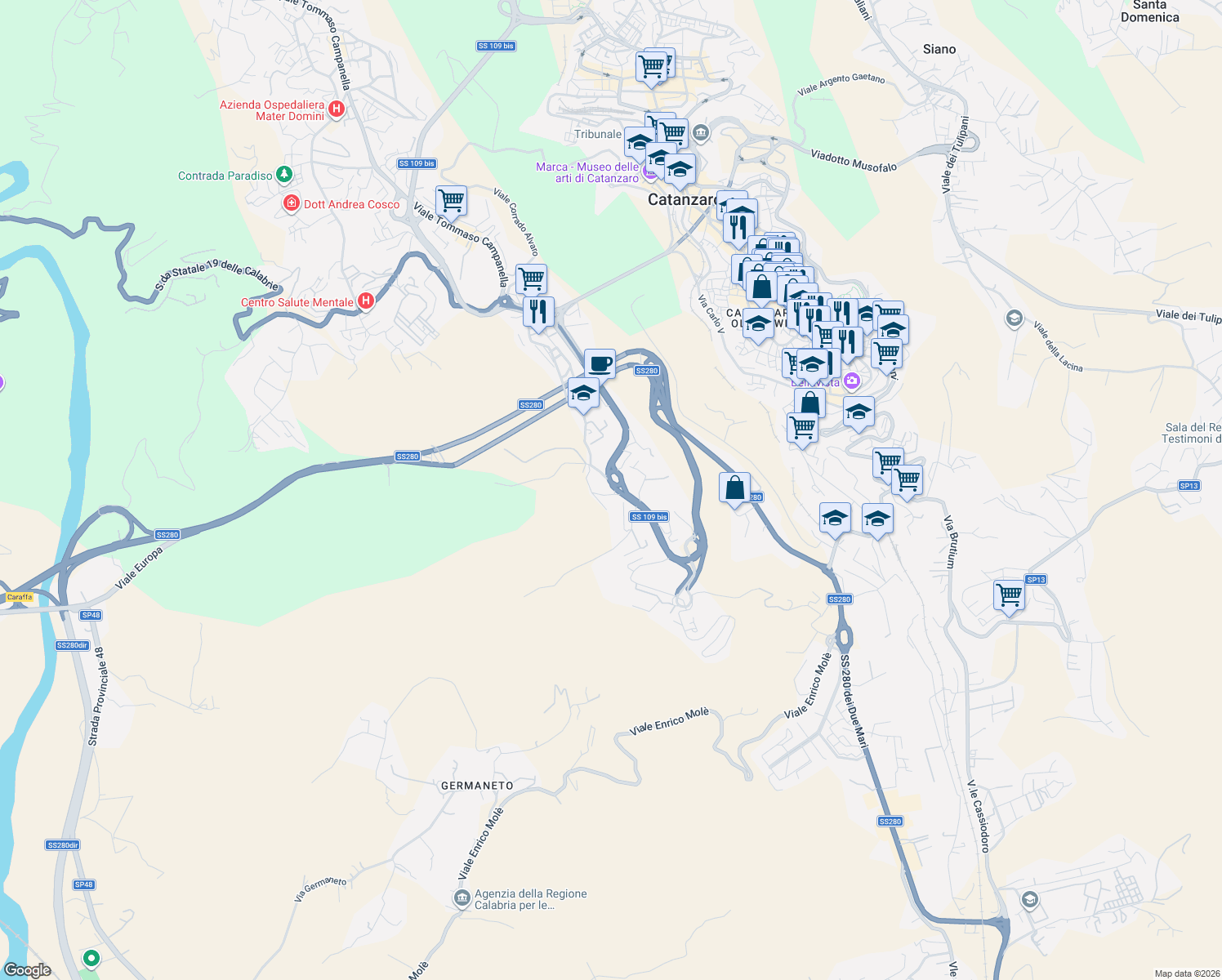 map of restaurants, bars, coffee shops, grocery stores, and more near 86 Viale Vincenzo de Filippis in Catanzaro