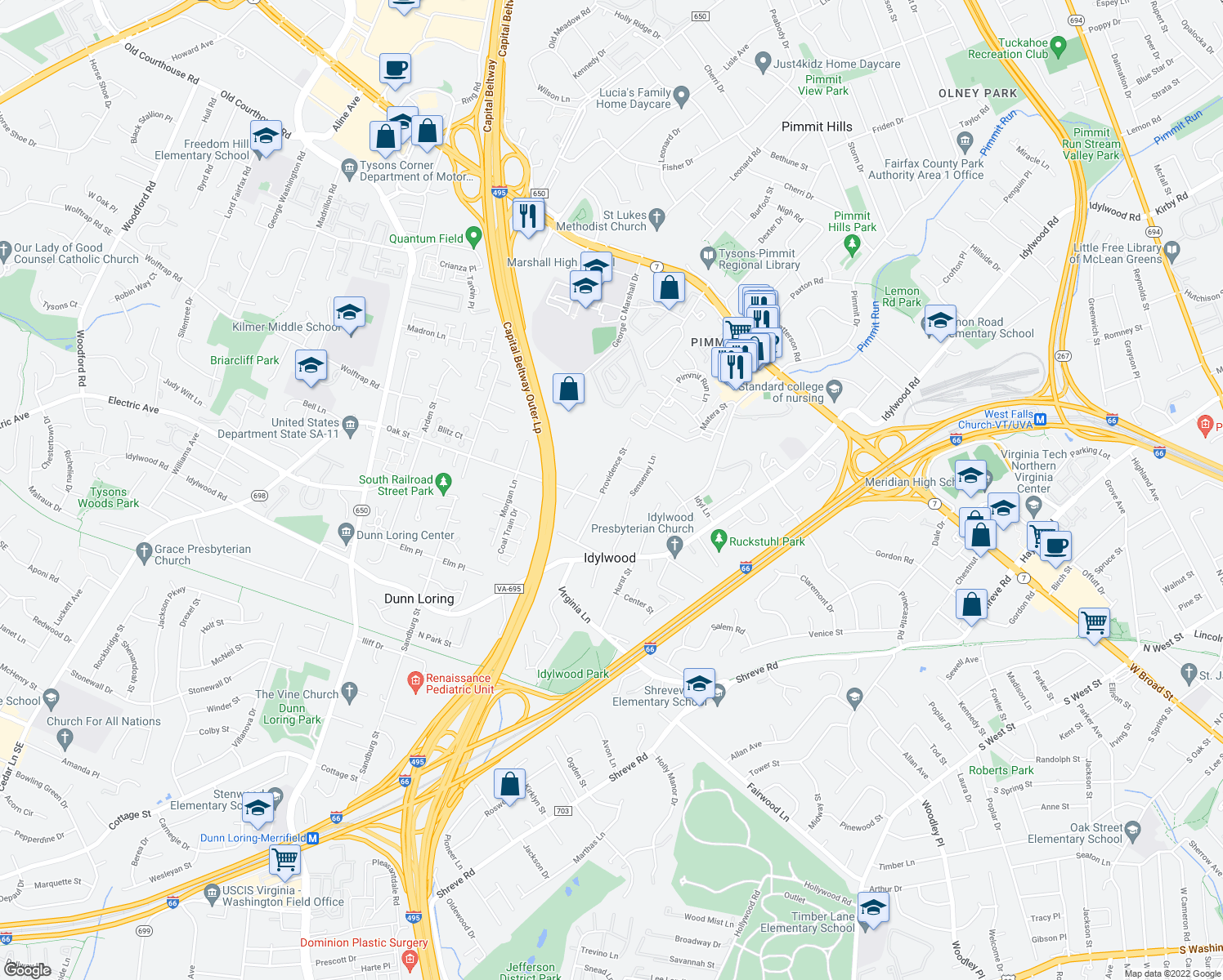 map of restaurants, bars, coffee shops, grocery stores, and more near 2271 Providence Street in Falls Church