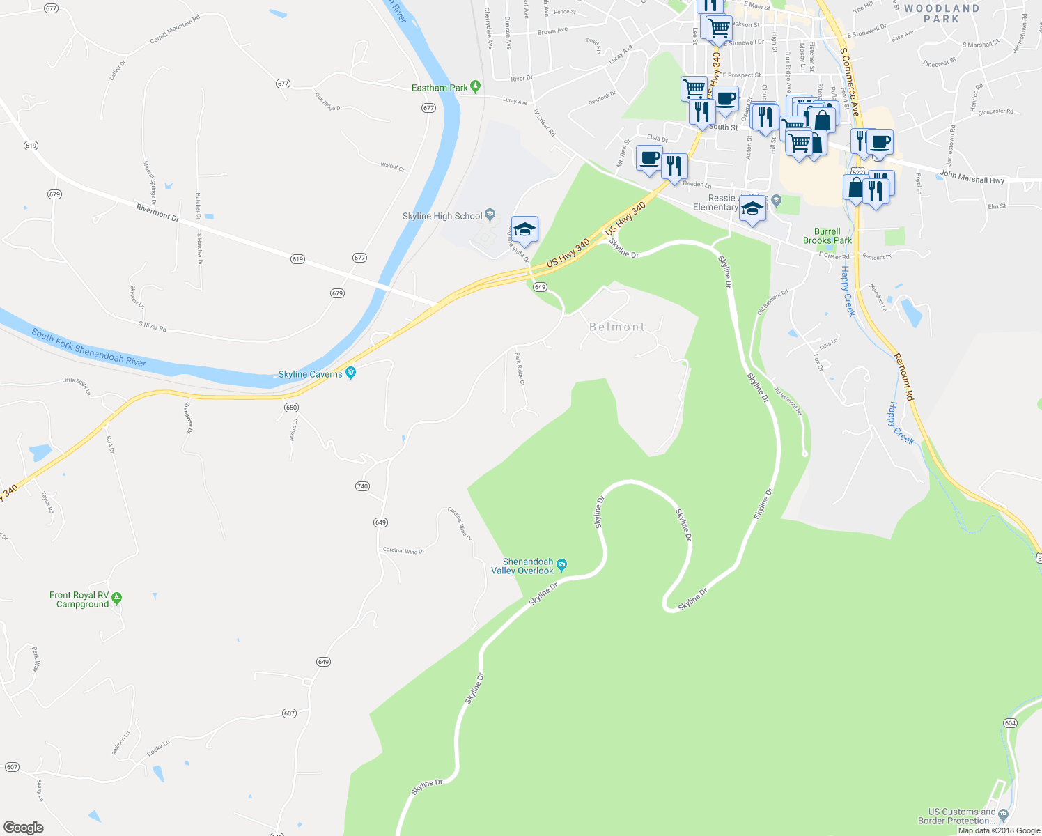 map of restaurants, bars, coffee shops, grocery stores, and more near 205 Park Ridge Court in Front Royal