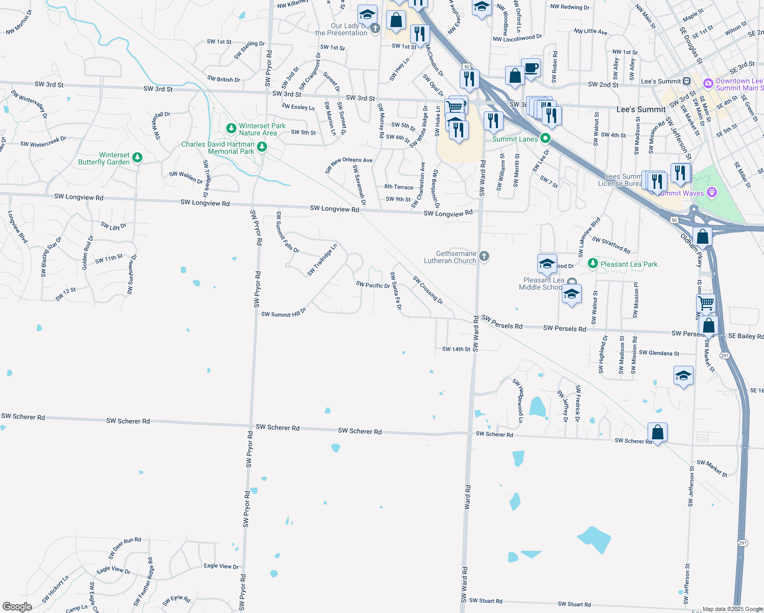 map of restaurants, bars, coffee shops, grocery stores, and more near 1221 SW Creekside Dr in Lee's Summit