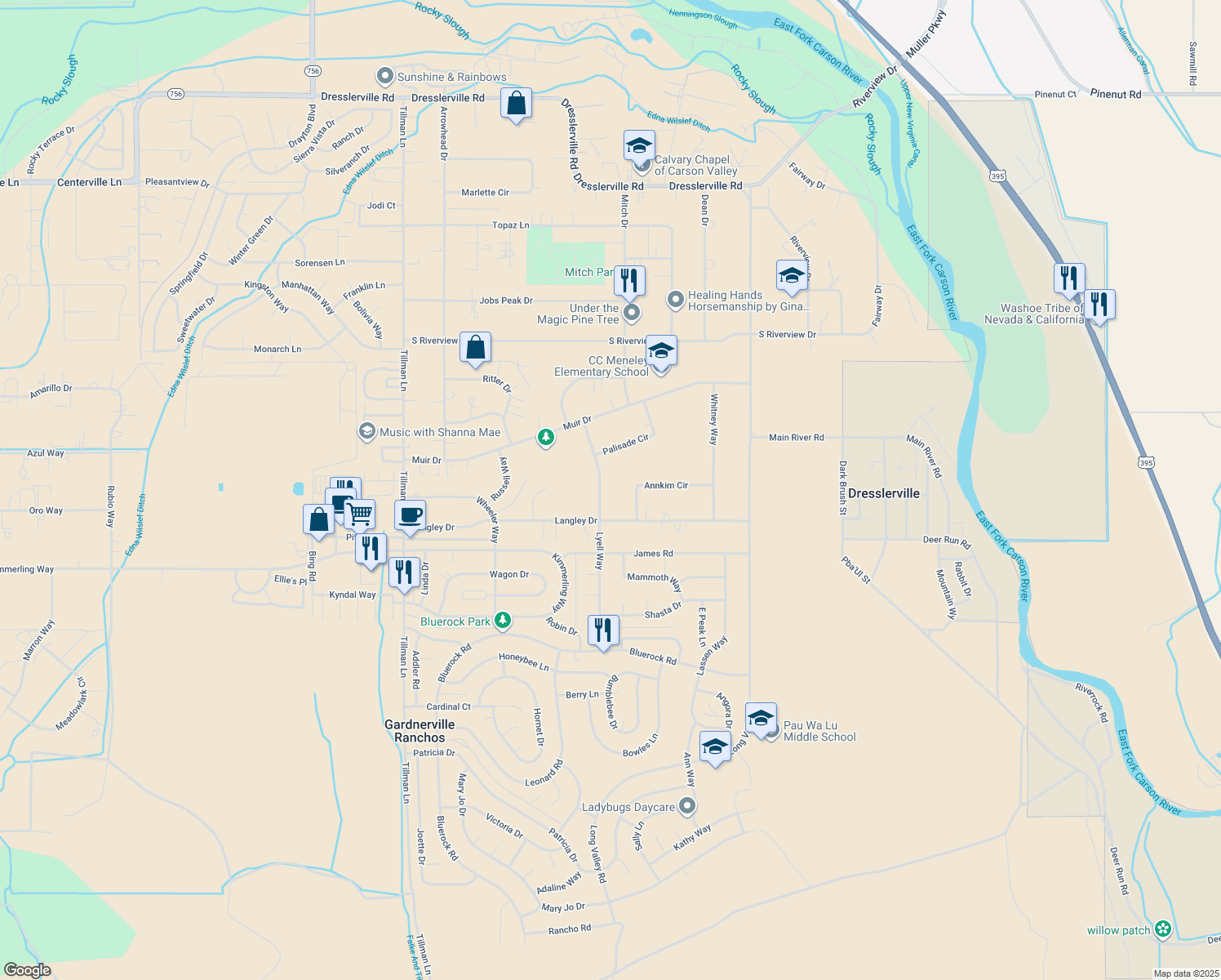 map of restaurants, bars, coffee shops, grocery stores, and more near 827 Lyell Way in Gardnerville