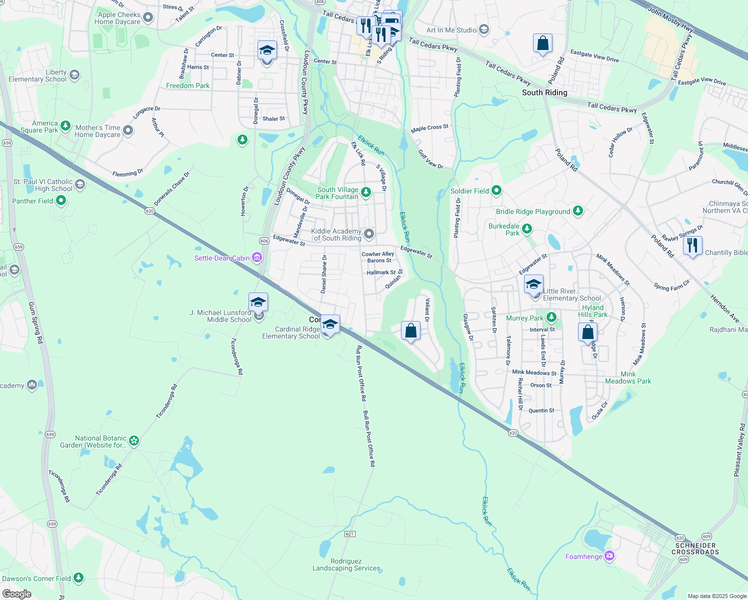 map of restaurants, bars, coffee shops, grocery stores, and more near 25997 Fair Ponds Lane in Chantilly