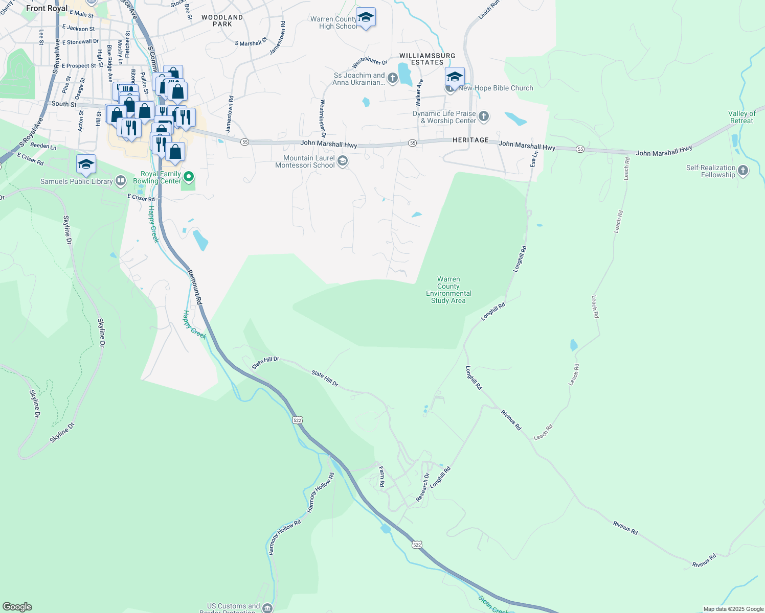 map of restaurants, bars, coffee shops, grocery stores, and more near 560 Locust Dale Road in Front Royal