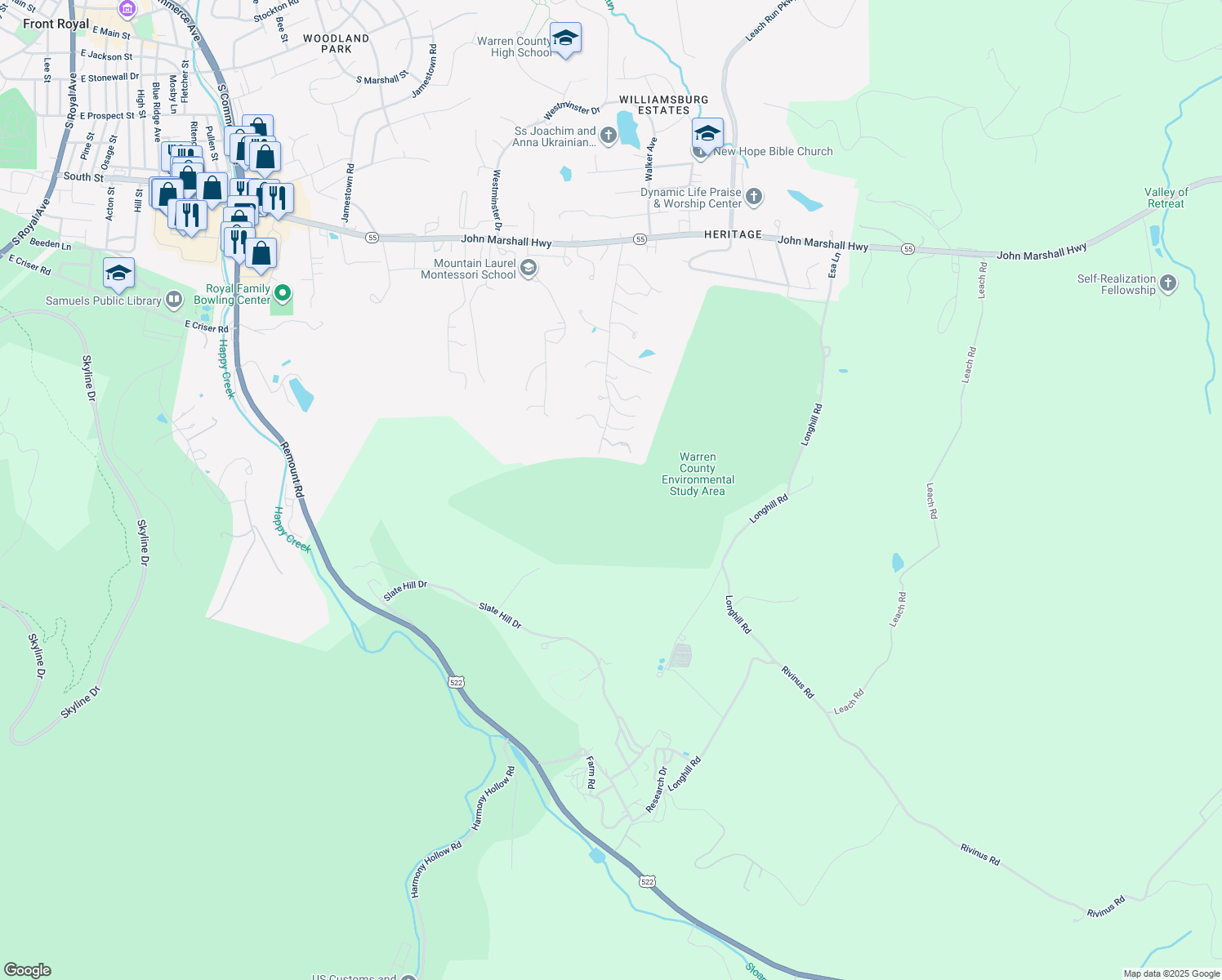 map of restaurants, bars, coffee shops, grocery stores, and more near 560 Locust Dale Road in Front Royal