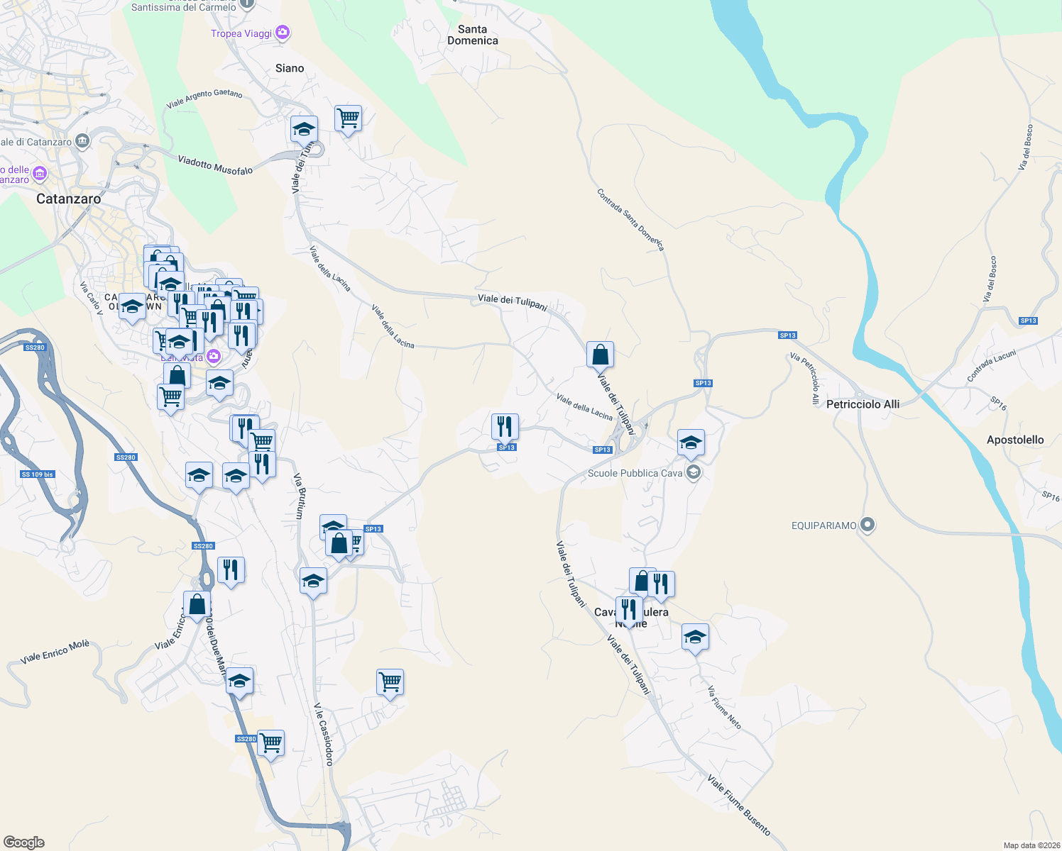 map of restaurants, bars, coffee shops, grocery stores, and more near 91 Viale Fiume Mesima in Cava-cuculera Nobile