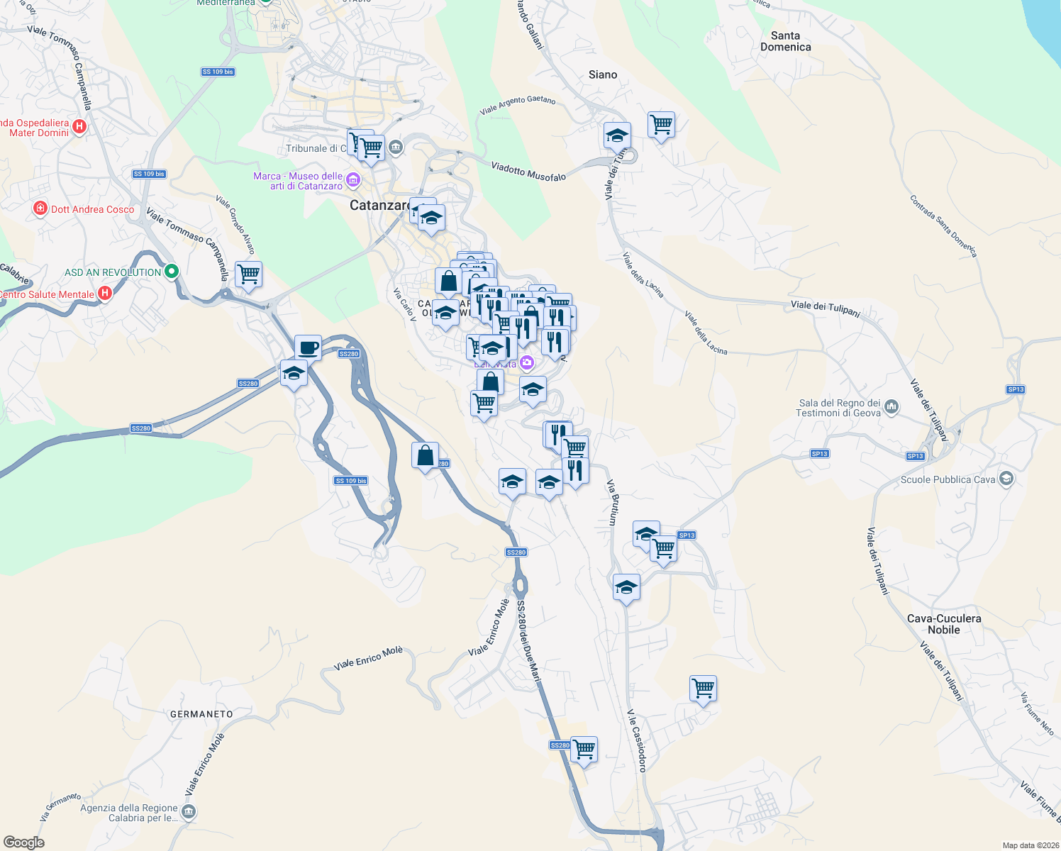 map of restaurants, bars, coffee shops, grocery stores, and more near 5 Via Garibaldi Gariani in Catanzaro