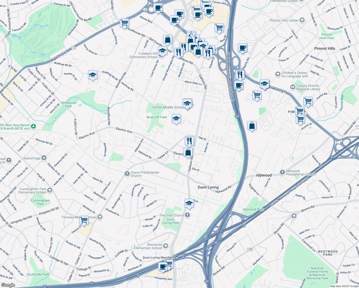 map of restaurants, bars, coffee shops, grocery stores, and more near 8156 Larkin Lane in Vienna