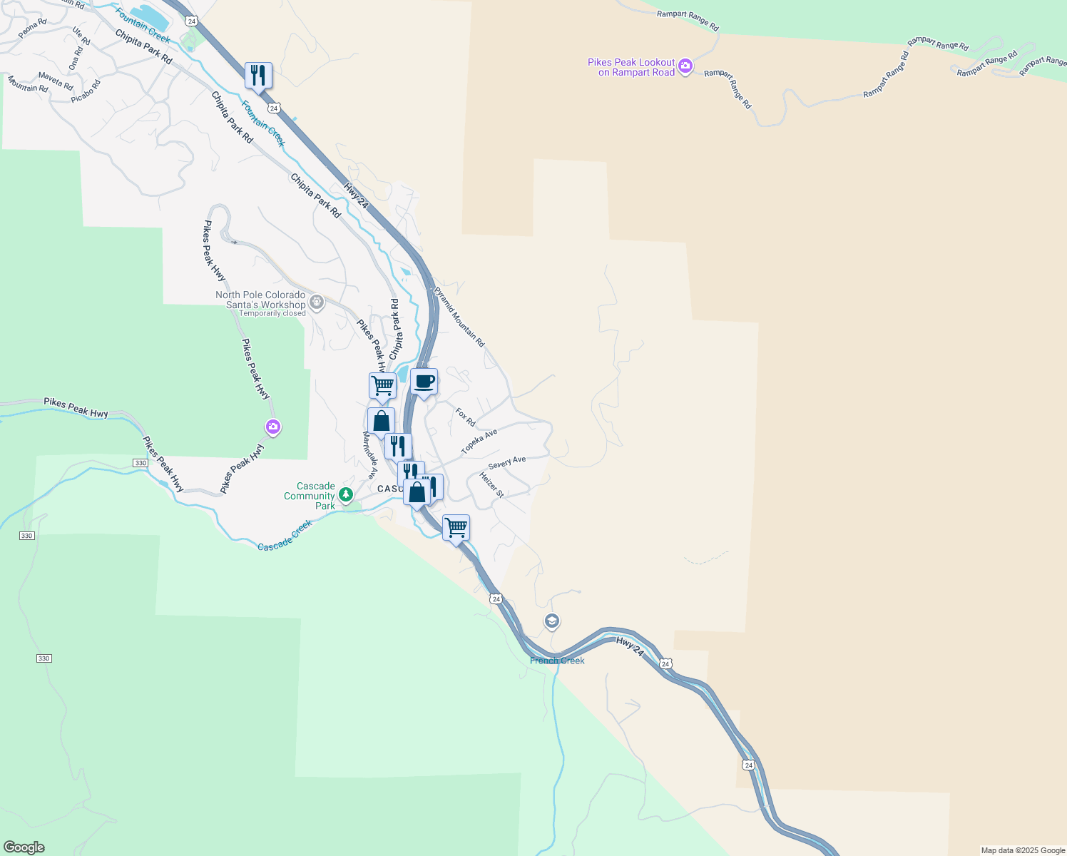 map of restaurants, bars, coffee shops, grocery stores, and more near 7735 Topeka Avenue in Cascade-Chipita Park