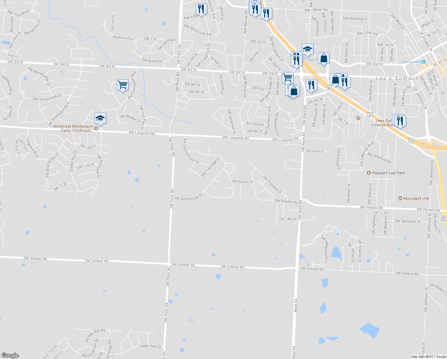 map of restaurants, bars, coffee shops, grocery stores, and more near 1604 Southwest Summit Hill Court in Lee's Summit