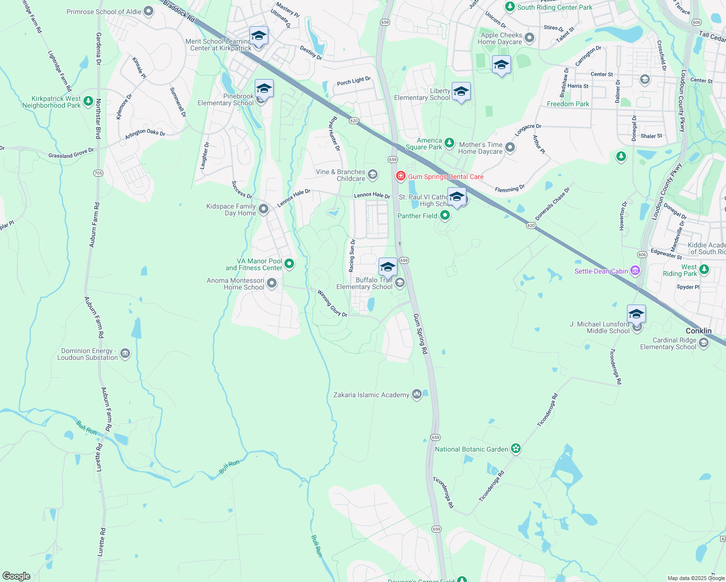 map of restaurants, bars, coffee shops, grocery stores, and more near 42127 Piebald Square in Aldie