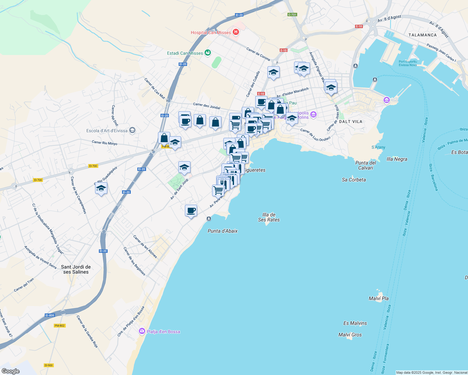 map of restaurants, bars, coffee shops, grocery stores, and more near 28 Carrer Carles Roman Ferrer in Ibiza