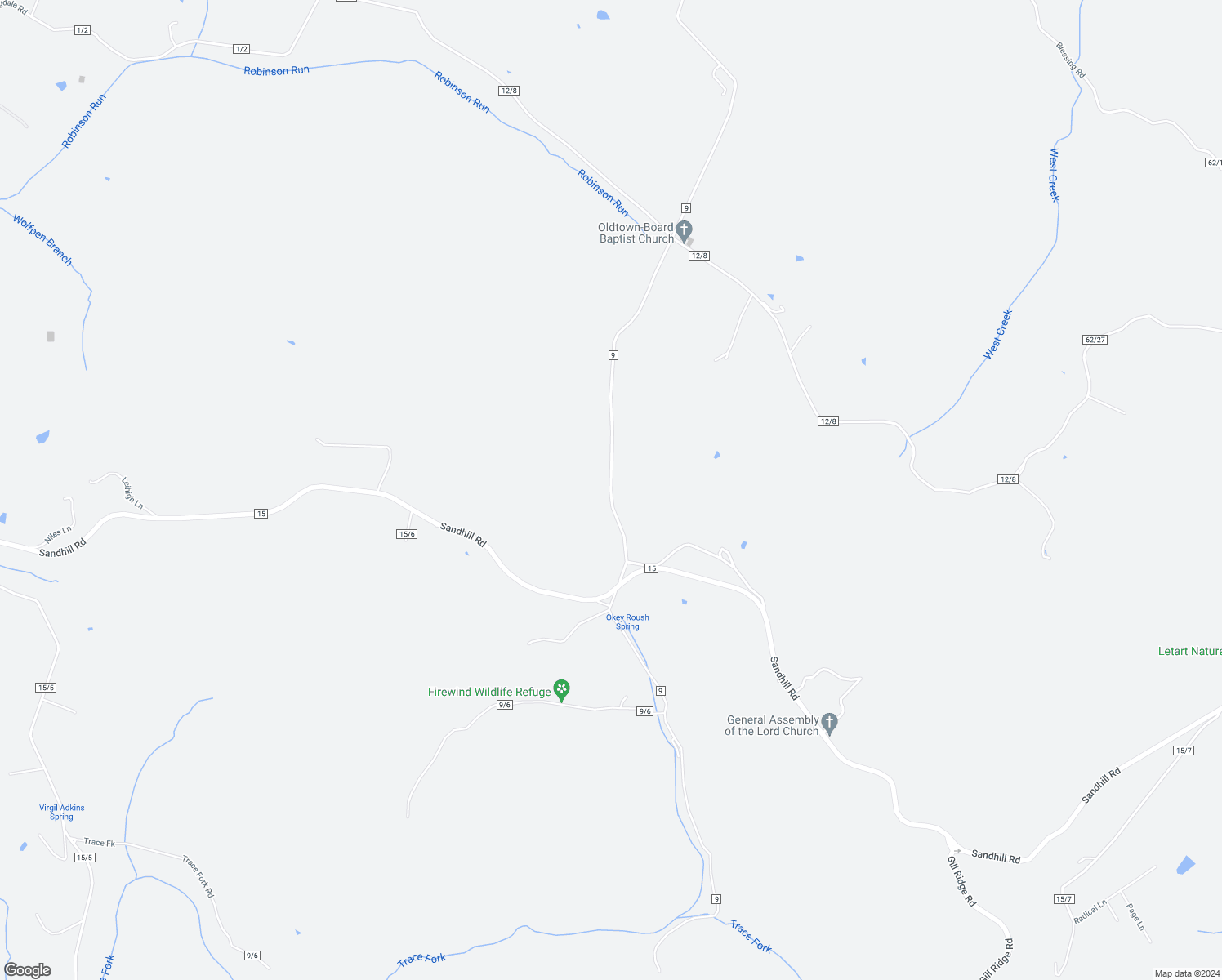 map of restaurants, bars, coffee shops, grocery stores, and more near Broad Run to Vernon Church in Letart