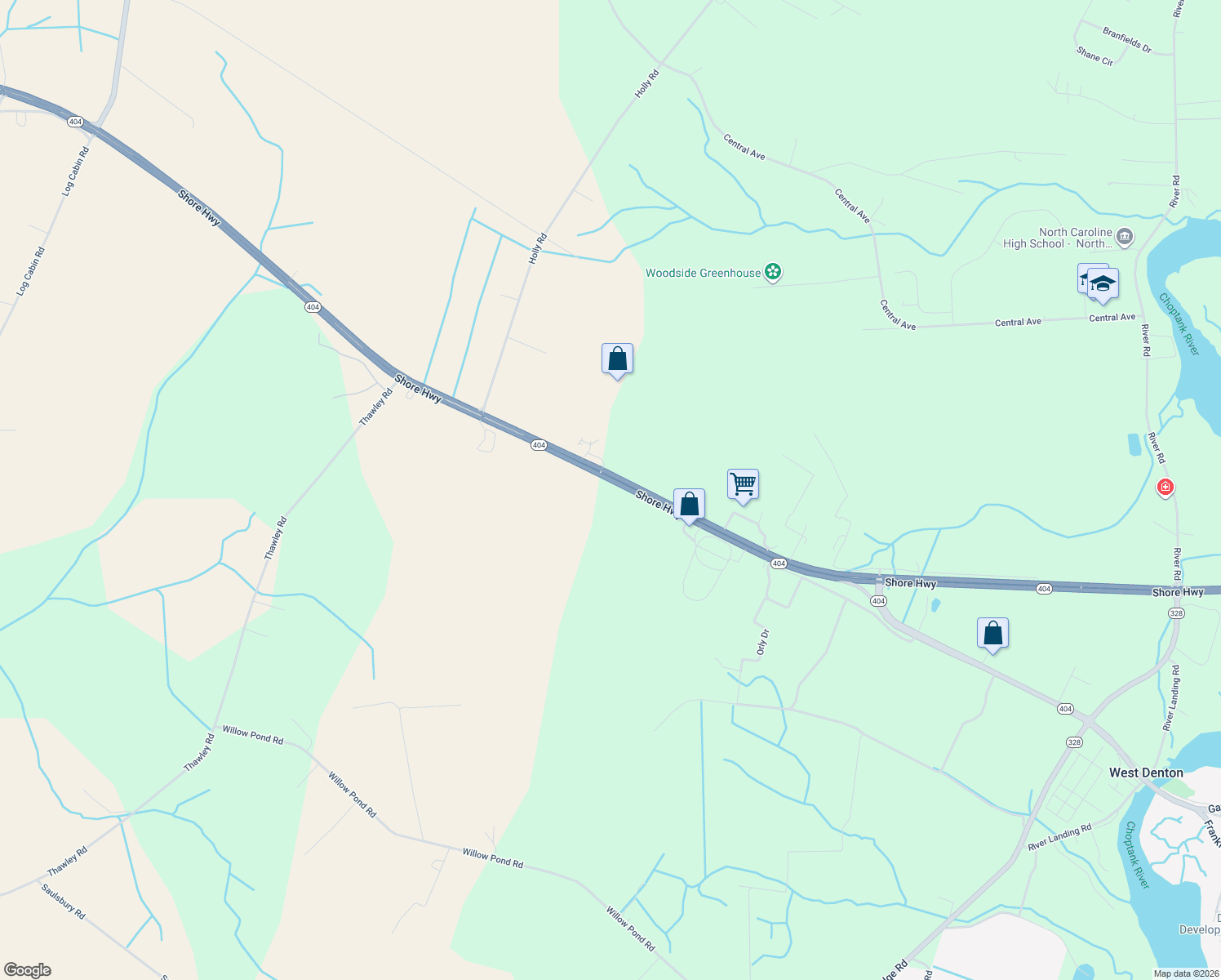 map of restaurants, bars, coffee shops, grocery stores, and more near 24131 Shore Highway in Denton