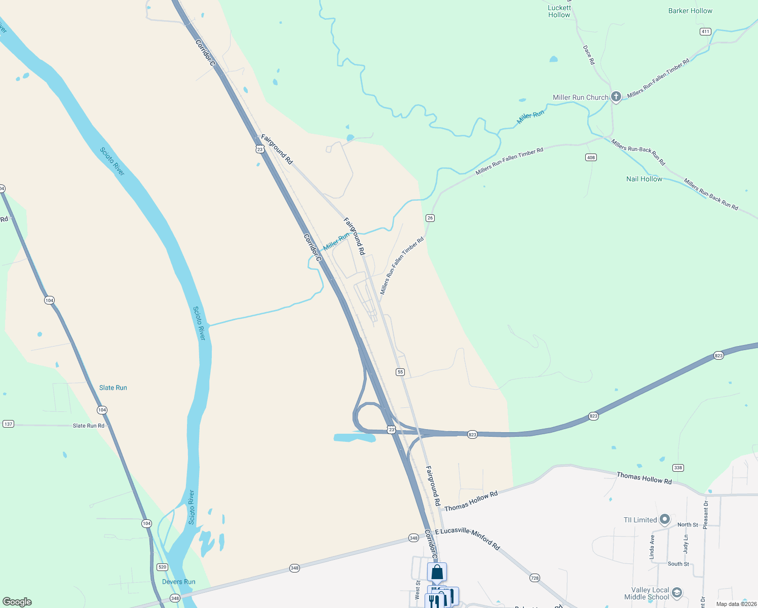 map of restaurants, bars, coffee shops, grocery stores, and more near 1126 Fairground Road in Lucasville