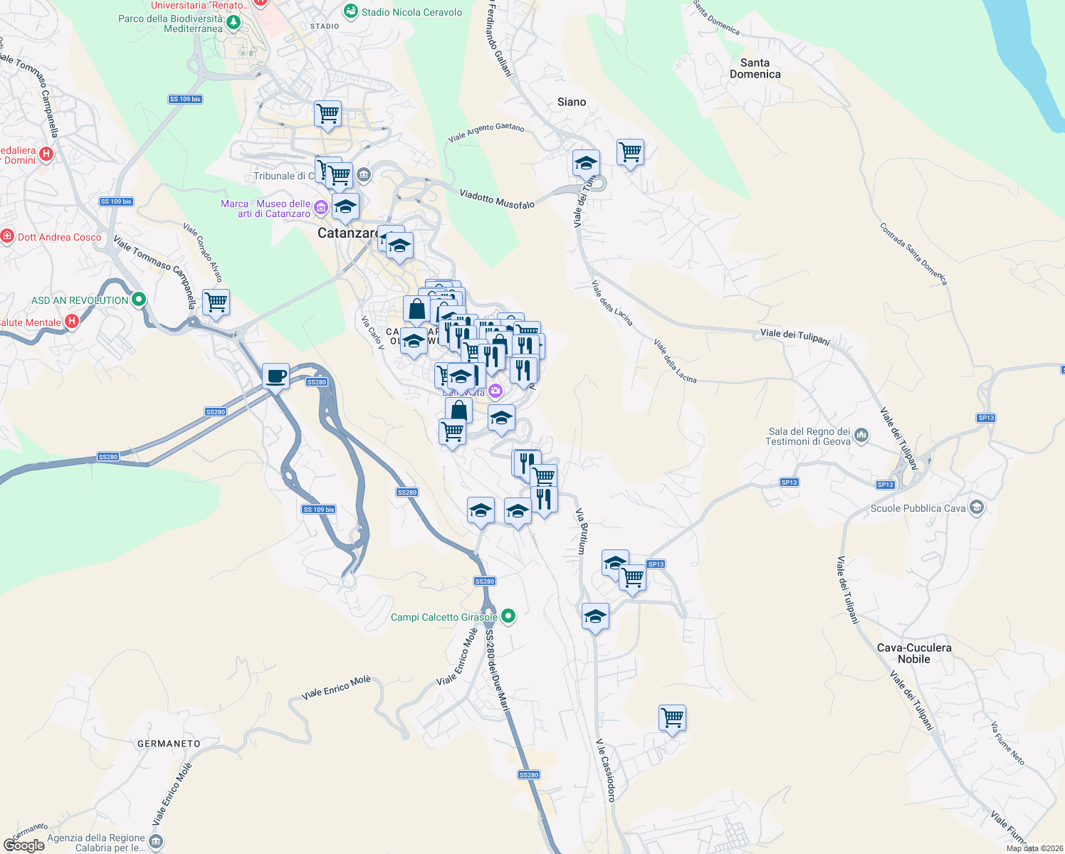 map of restaurants, bars, coffee shops, grocery stores, and more near 57 Viale dei Bizantini in Catanzaro
