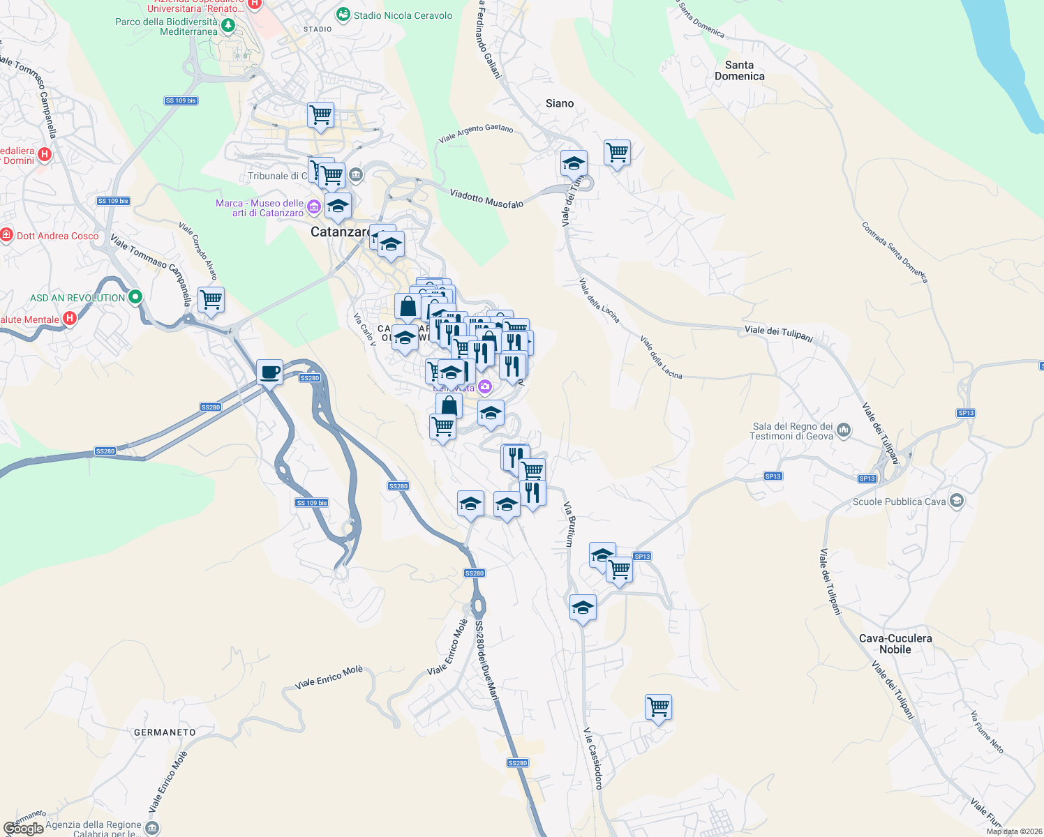 map of restaurants, bars, coffee shops, grocery stores, and more near 57 Viale dei Bizantini in Catanzaro