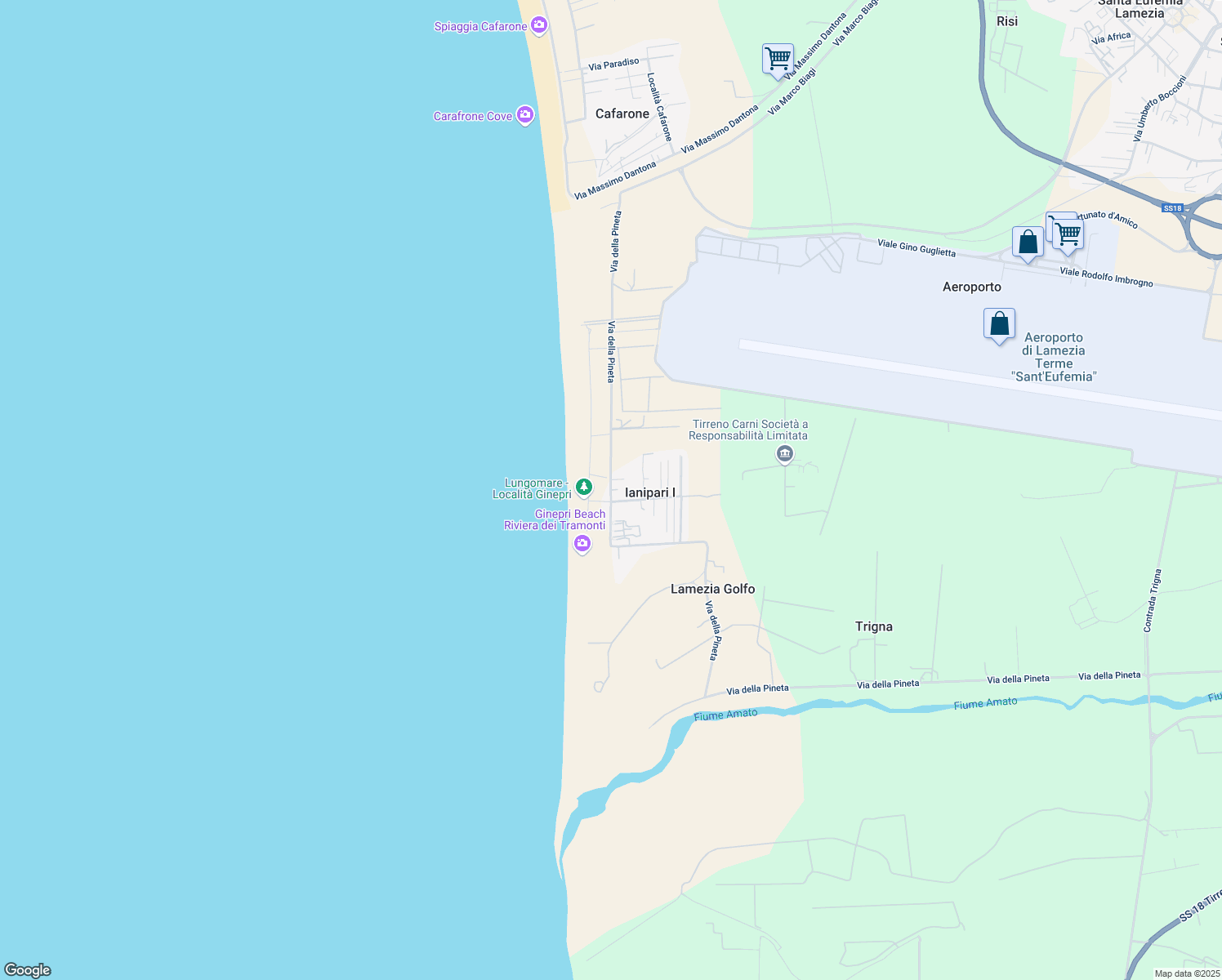 map of restaurants, bars, coffee shops, grocery stores, and more near Via della Pineta in Ianipari I