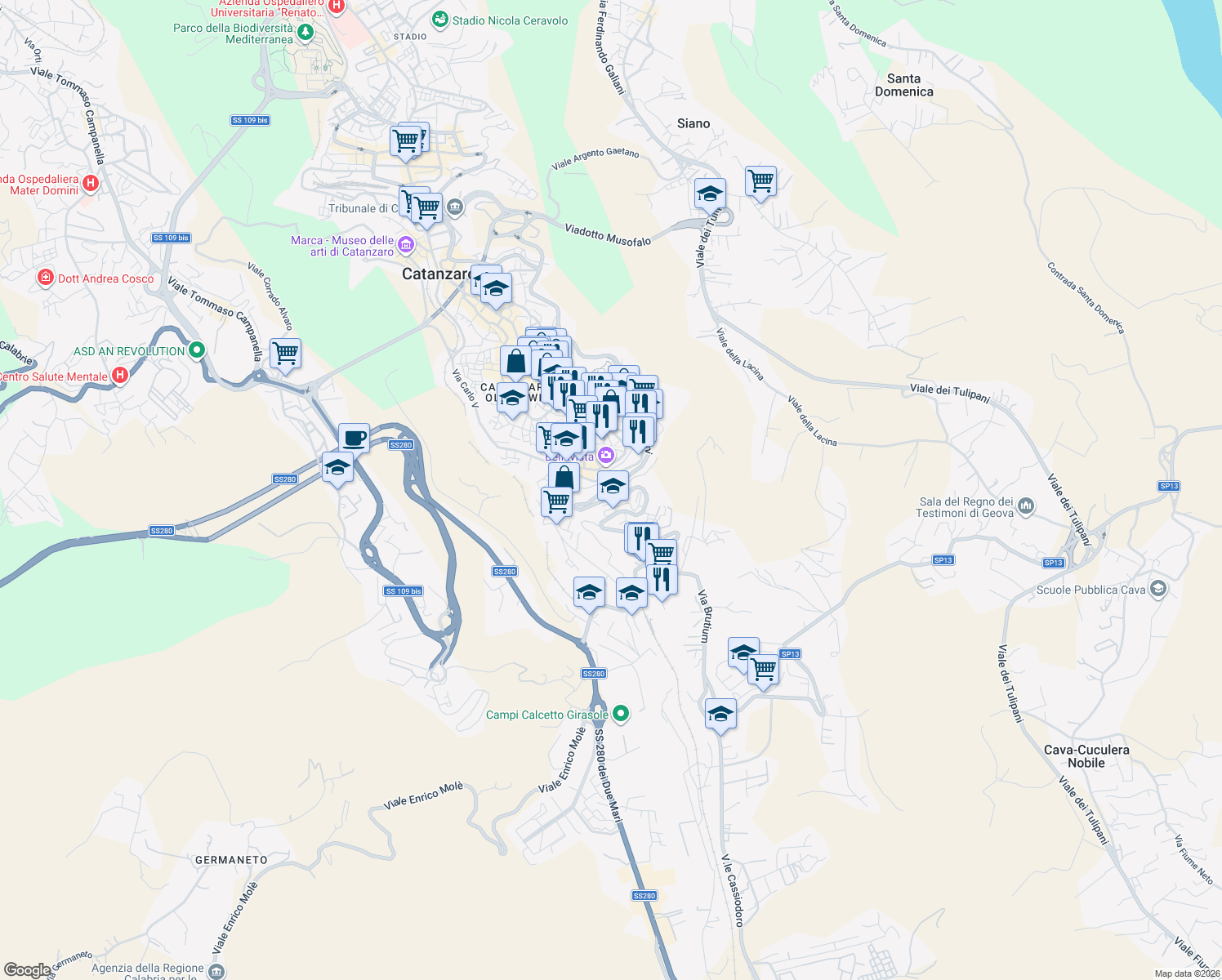 map of restaurants, bars, coffee shops, grocery stores, and more near 33 Viale dei Bizantini in Catanzaro