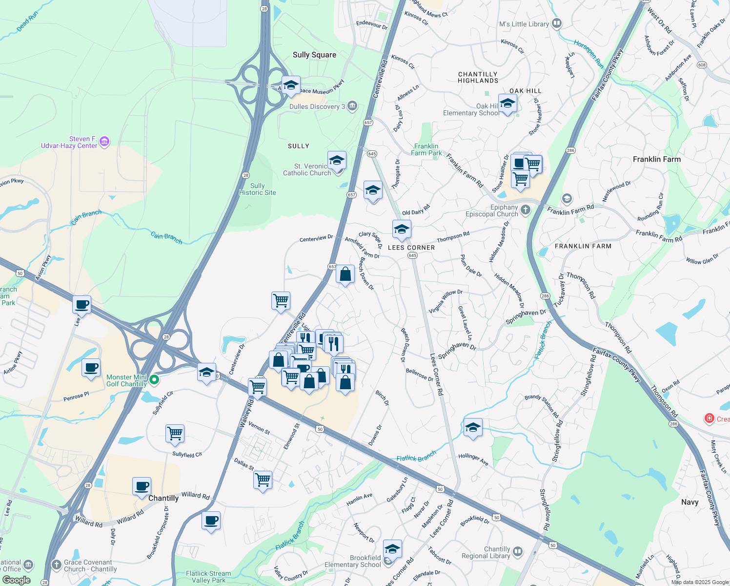 map of restaurants, bars, coffee shops, grocery stores, and more near 13731 Rosetree Ct in Chantilly