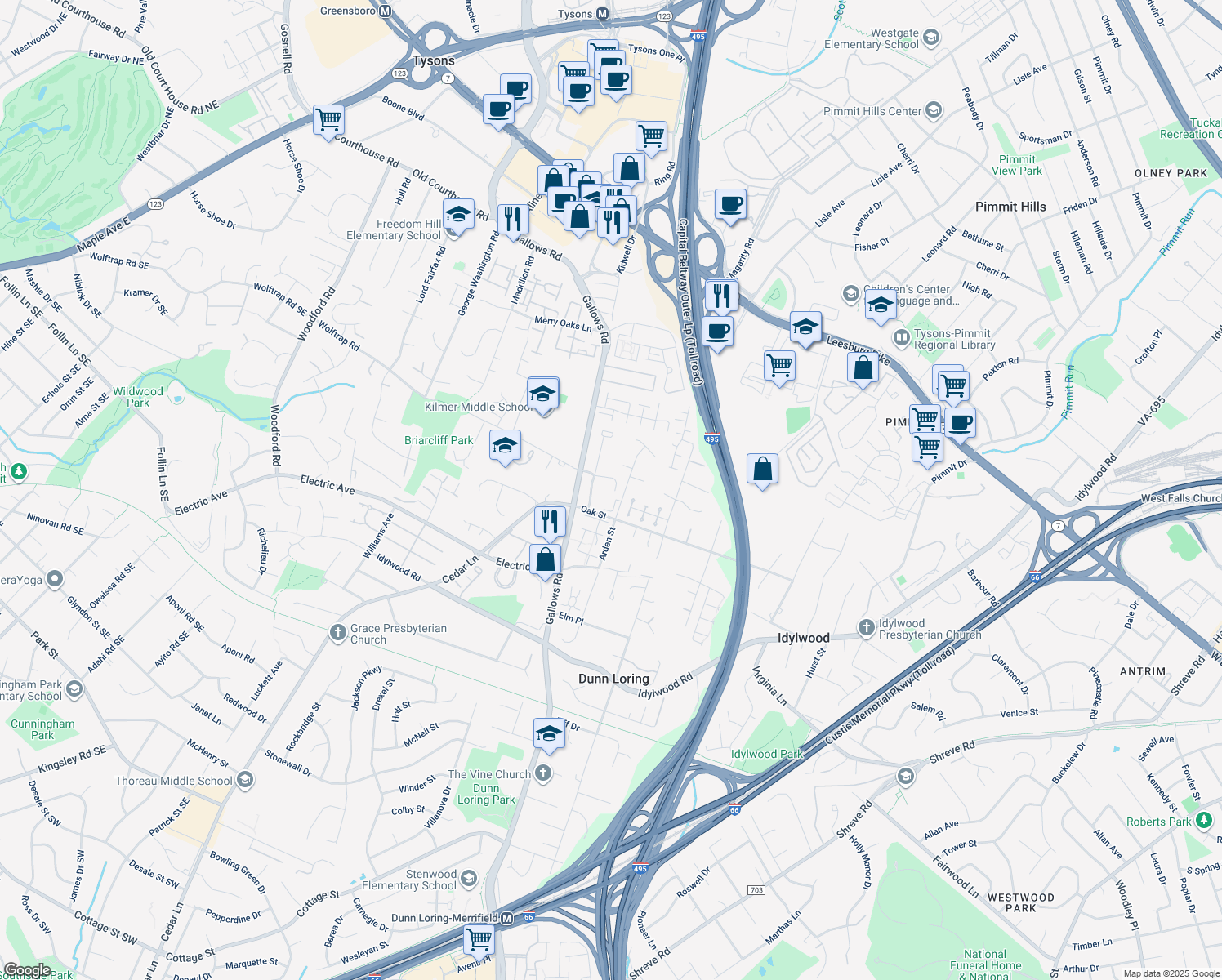 map of restaurants, bars, coffee shops, grocery stores, and more near 8017 Wolftrap Road in Dunn Loring