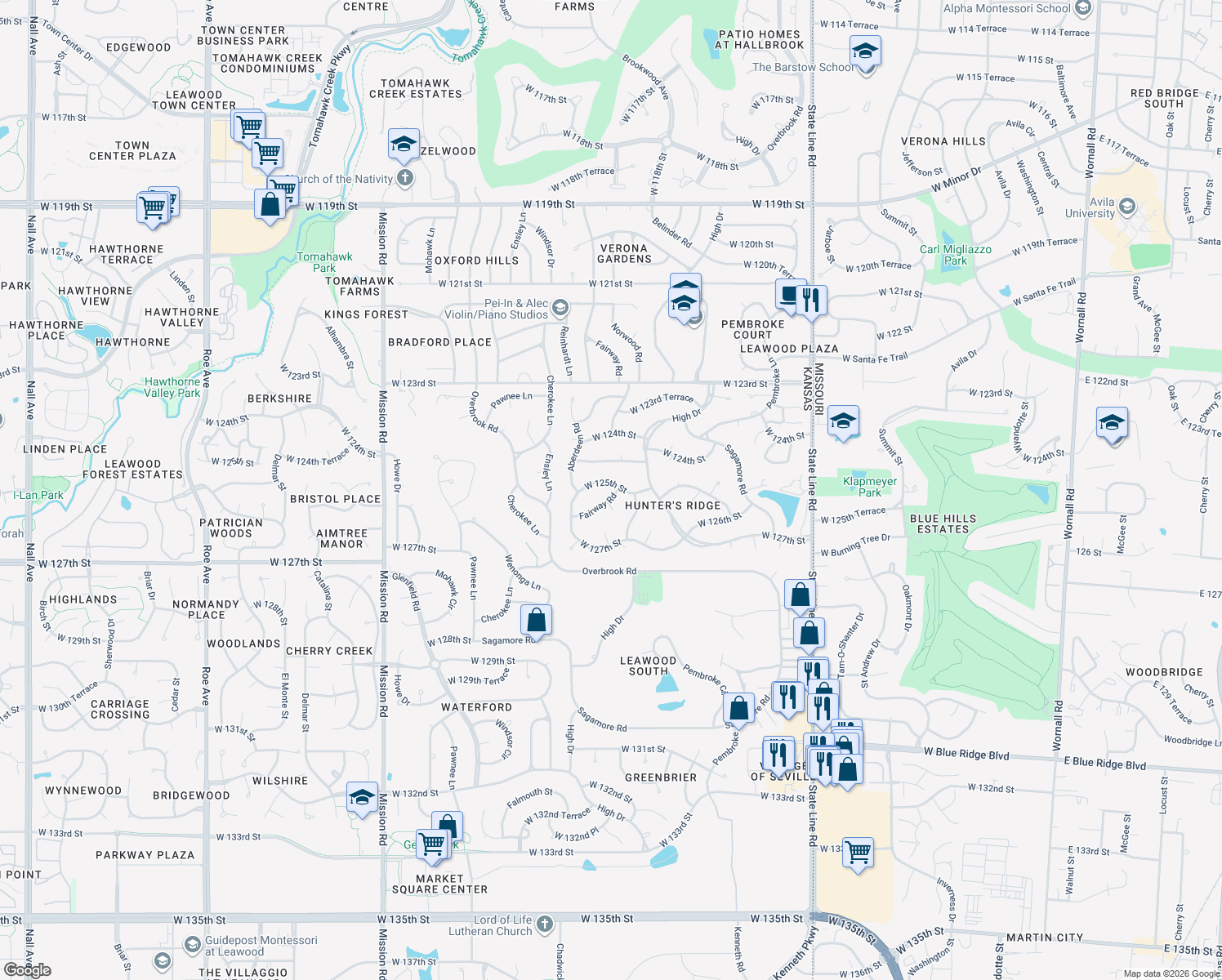 map of restaurants, bars, coffee shops, grocery stores, and more near 12500 Fairway Road in Leawood