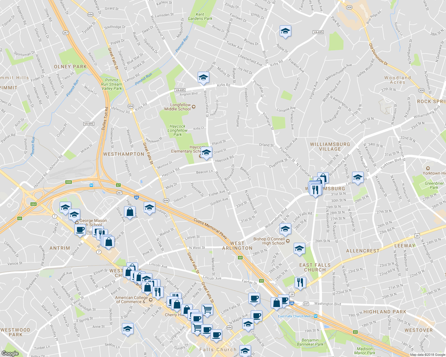 map of restaurants, bars, coffee shops, grocery stores, and more near 2211 Westmoreland Street in Falls Church