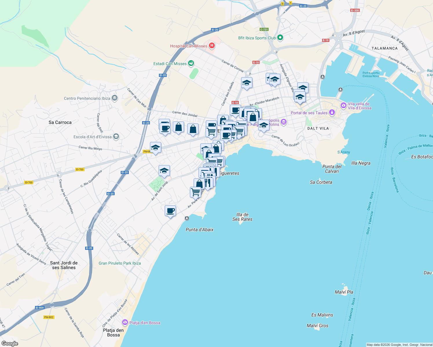 map of restaurants, bars, coffee shops, grocery stores, and more near 8 Carrer de Carles Roman Ferrer in Eivissa