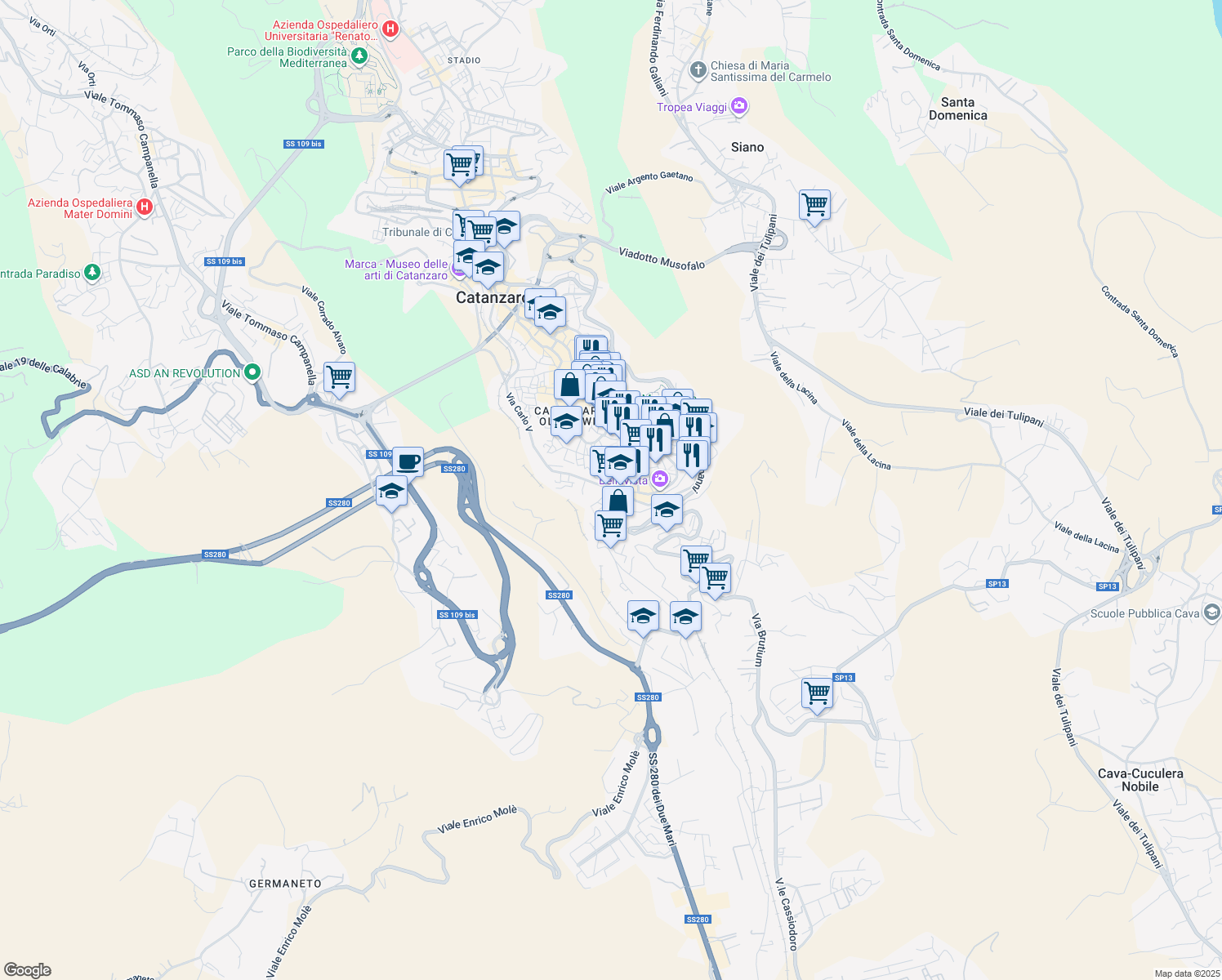 map of restaurants, bars, coffee shops, grocery stores, and more near 67 Vicolo Carbone in Catanzaro