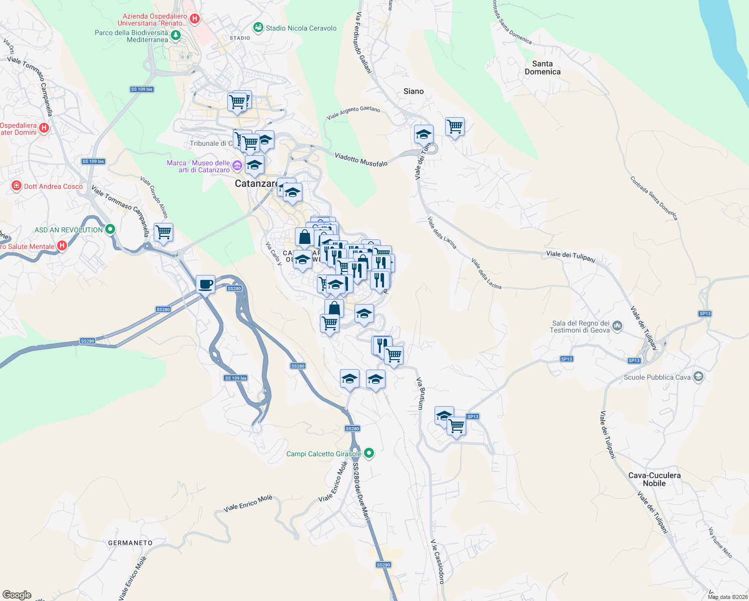 map of restaurants, bars, coffee shops, grocery stores, and more near 24 Via Francesco de Seta in Catanzaro