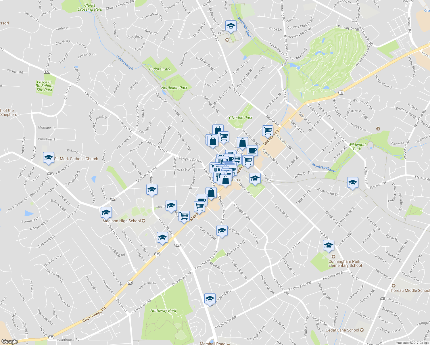 map of restaurants, bars, coffee shops, grocery stores, and more near 124 Wilmar Place Northwest in Vienna