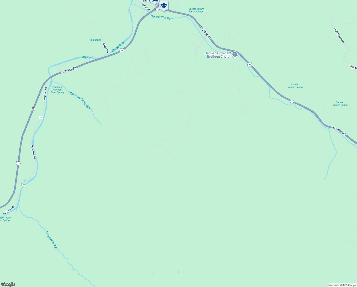 map of restaurants, bars, coffee shops, grocery stores, and more near 1270 Rocky Road Tory Mountain in Harman