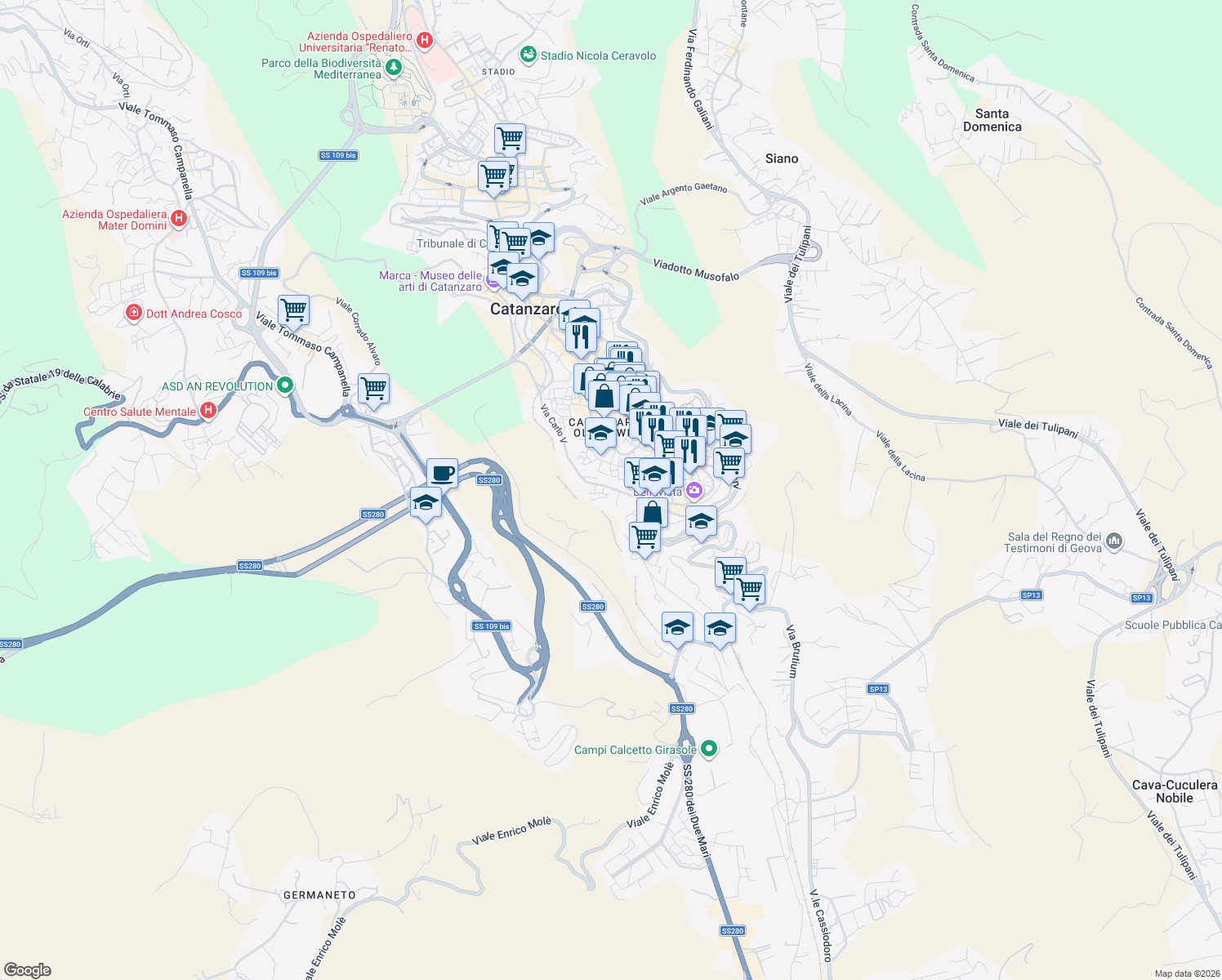 map of restaurants, bars, coffee shops, grocery stores, and more near 140 Via Gaspare Colosimo in Catanzaro