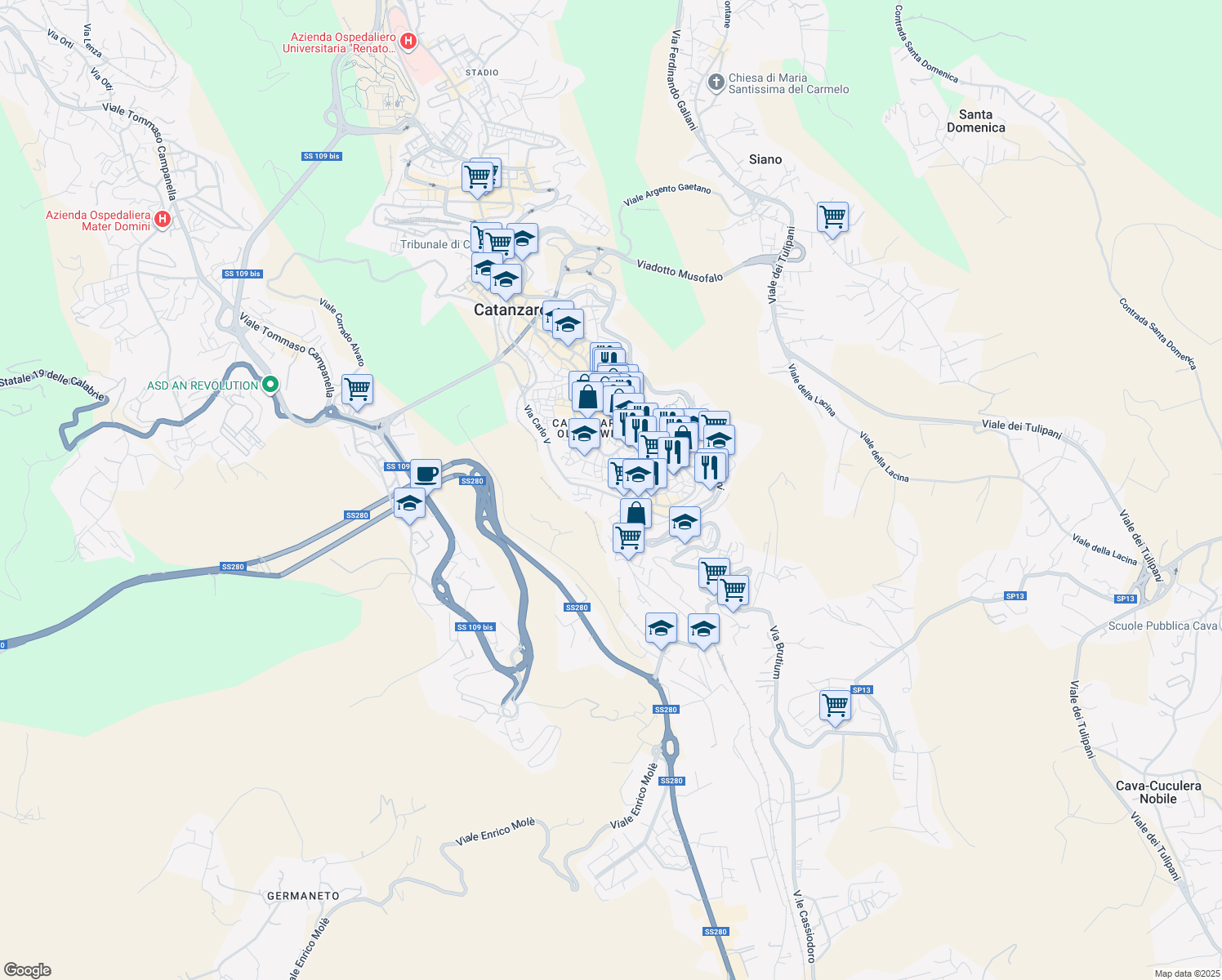 map of restaurants, bars, coffee shops, grocery stores, and more near 14 Via Filanda in Catanzaro