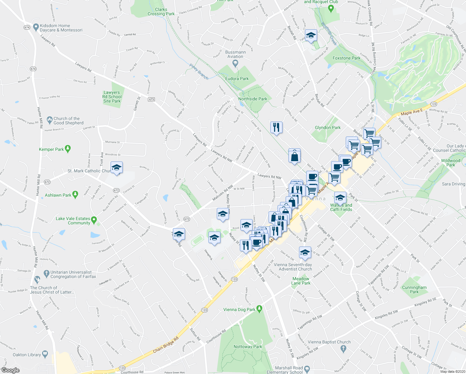map of restaurants, bars, coffee shops, grocery stores, and more near 480 Malcolm Road Northwest in Vienna