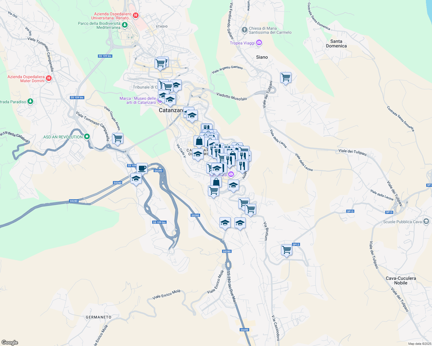 map of restaurants, bars, coffee shops, grocery stores, and more near 67 Vicolo Carbone in Catanzaro
