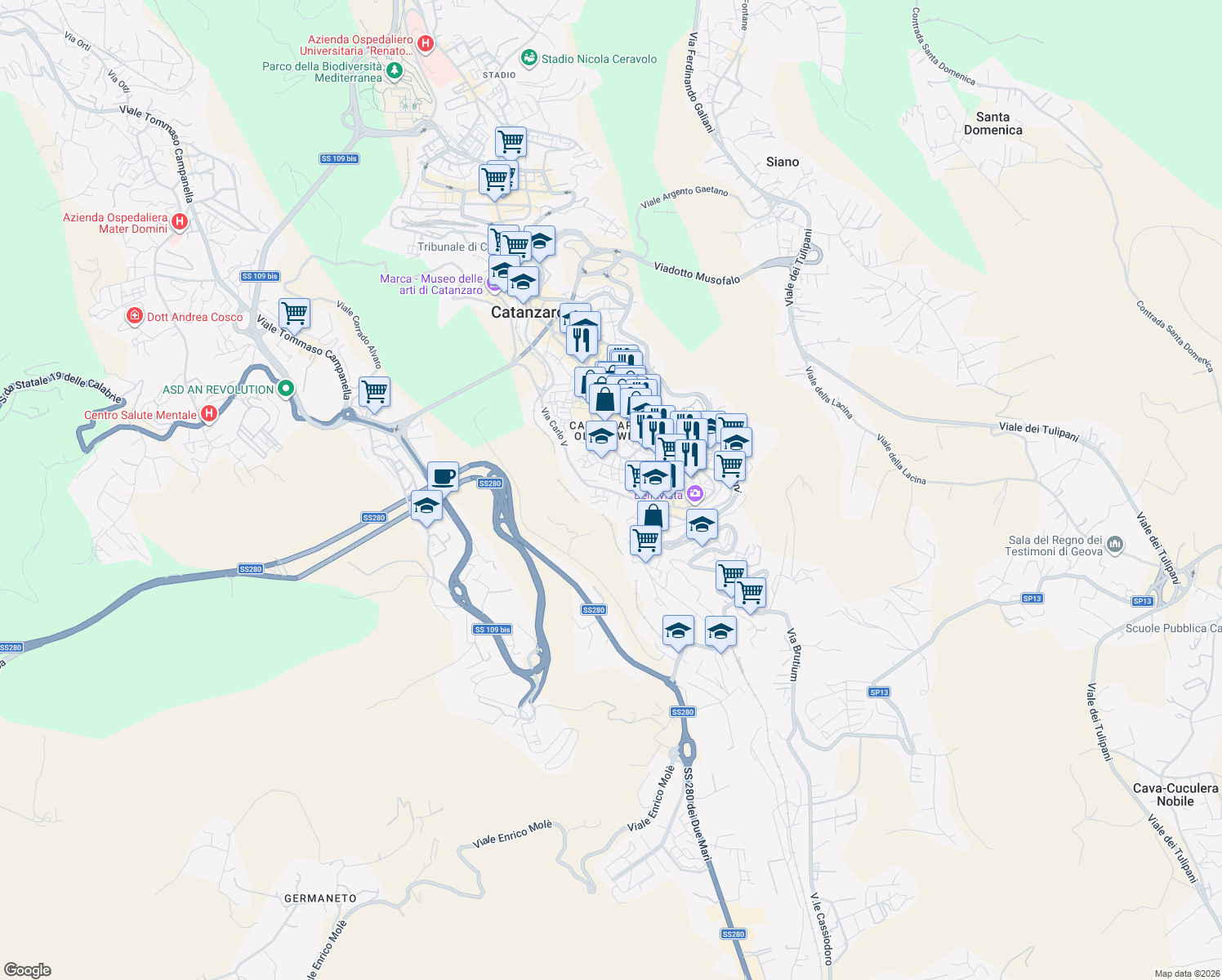 map of restaurants, bars, coffee shops, grocery stores, and more near 140 Via Gaspare Colosimo in Catanzaro