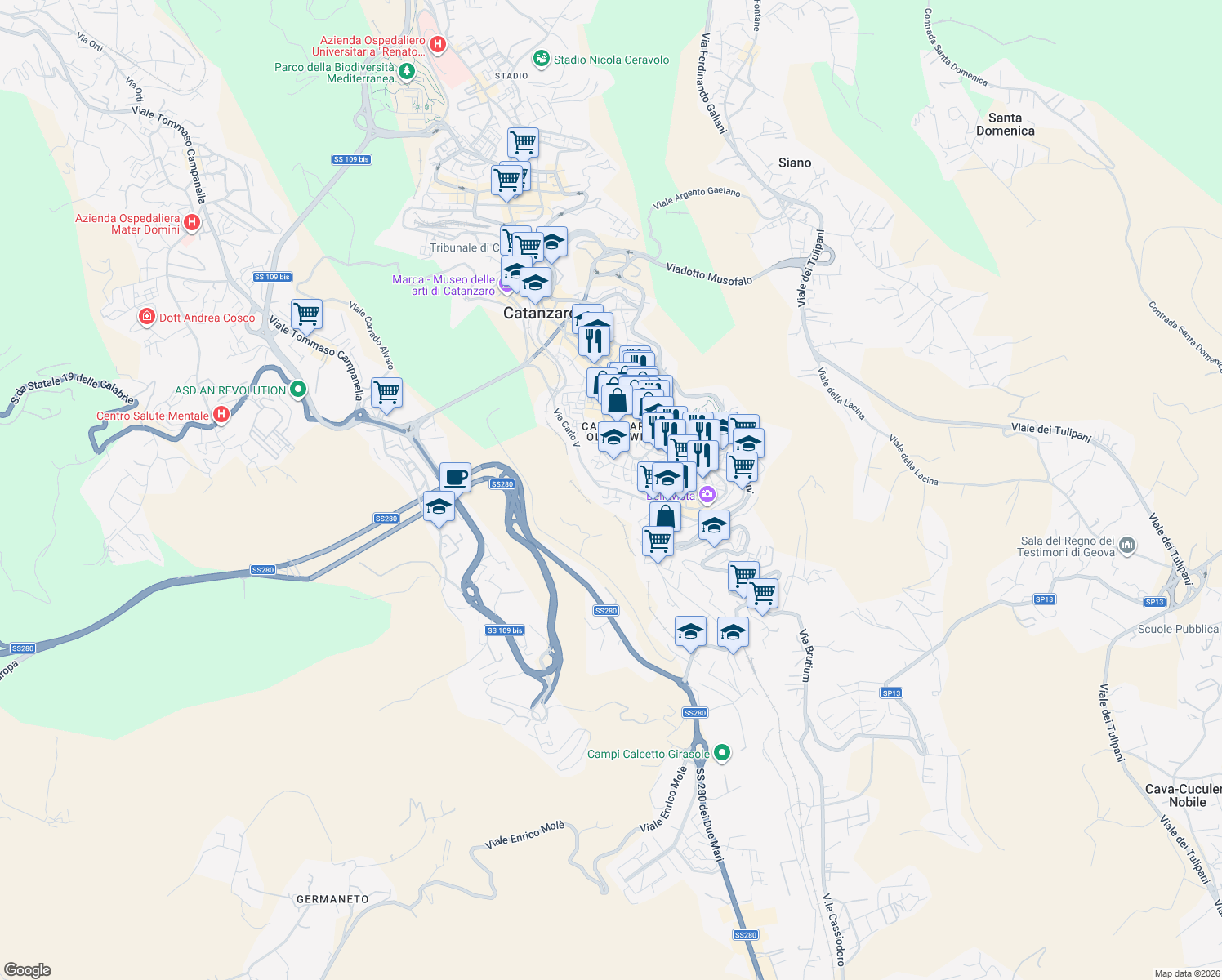 map of restaurants, bars, coffee shops, grocery stores, and more near 140 Via Gaspare Colosimo in Catanzaro