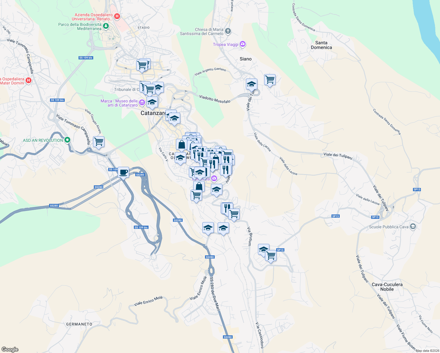 map of restaurants, bars, coffee shops, grocery stores, and more near 24 Via Francesco de Seta in Catanzaro