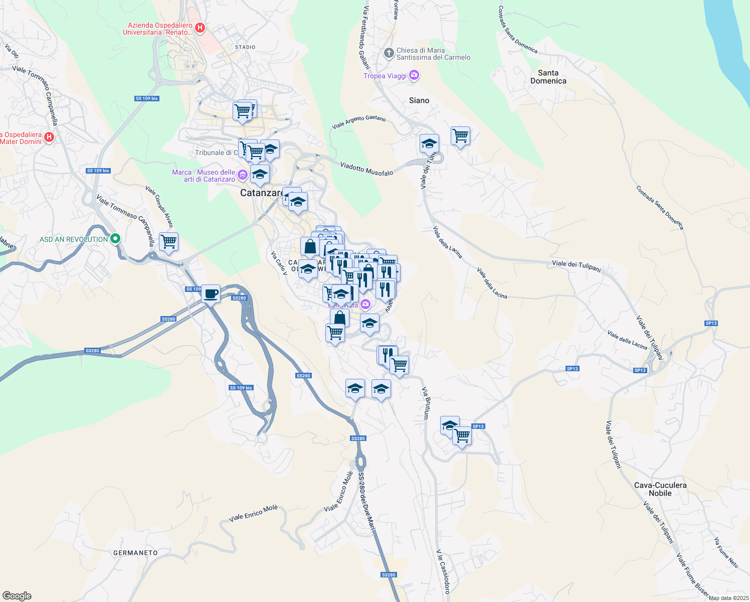 map of restaurants, bars, coffee shops, grocery stores, and more near 24 Via Francesco de Seta in Catanzaro
