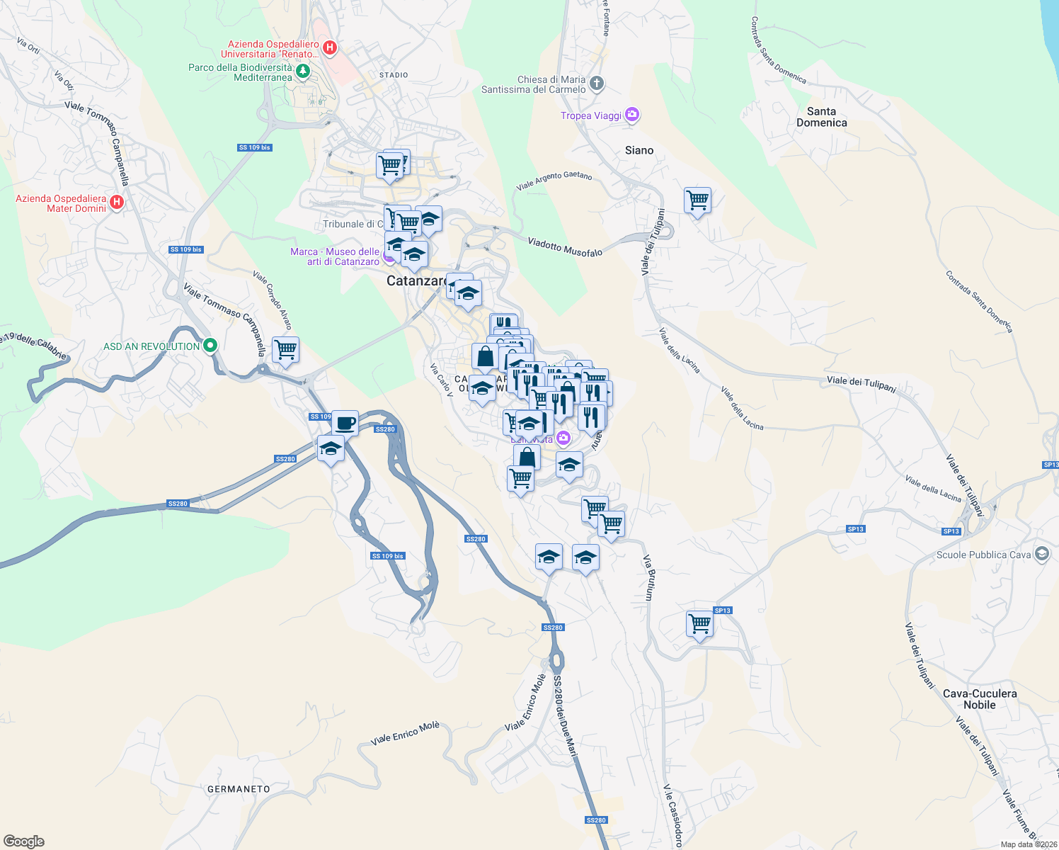 map of restaurants, bars, coffee shops, grocery stores, and more near 67 Vicolo Carbone in Catanzaro