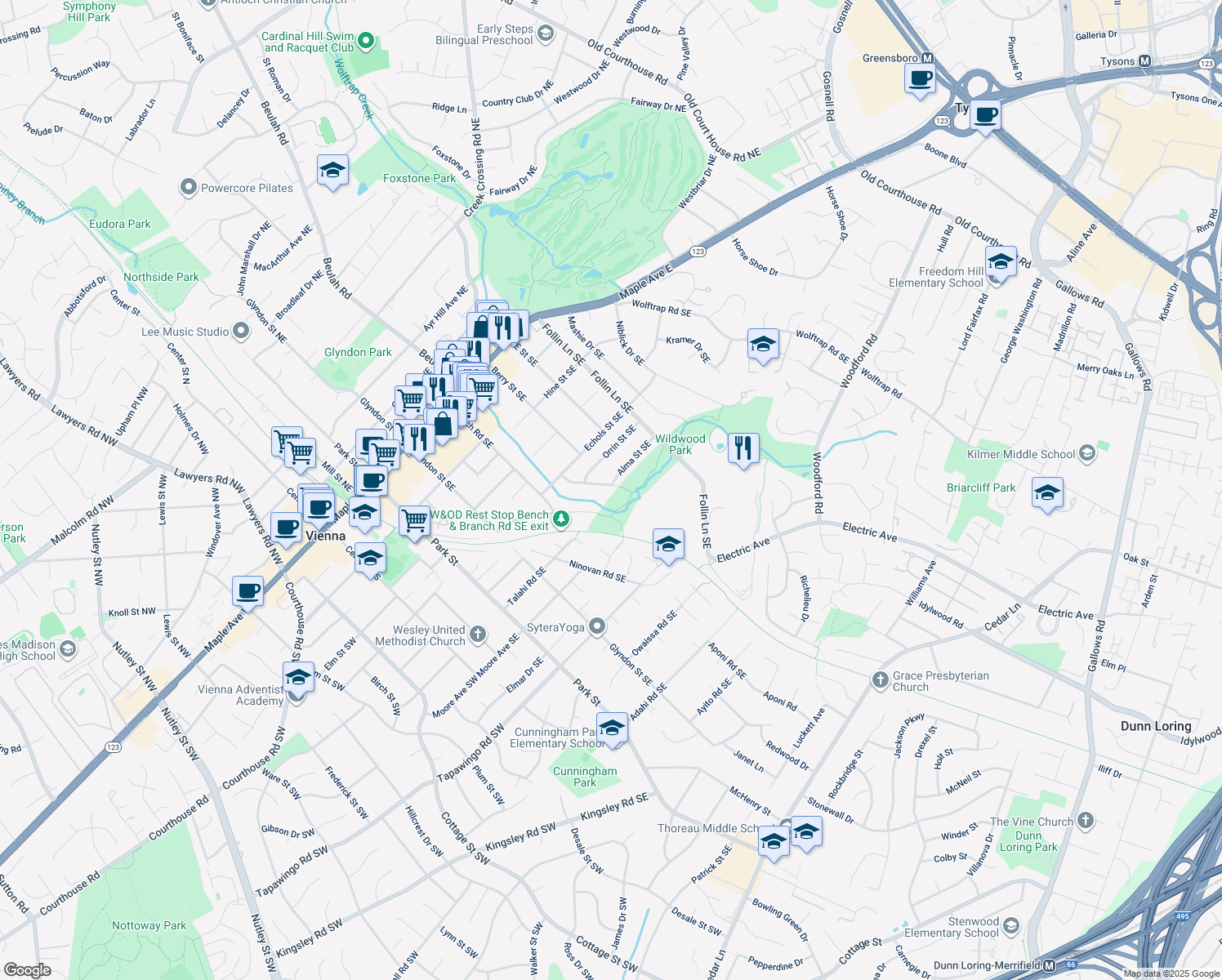 map of restaurants, bars, coffee shops, grocery stores, and more near 611 Delano Drive Southeast in Vienna