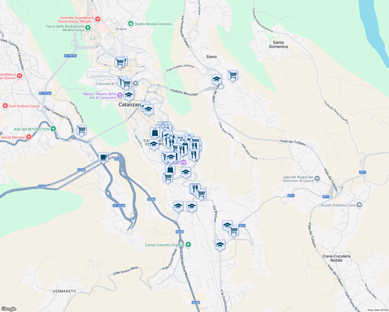 map of restaurants, bars, coffee shops, grocery stores, and more near 3-17 Via Francesco Cilea in Catanzaro