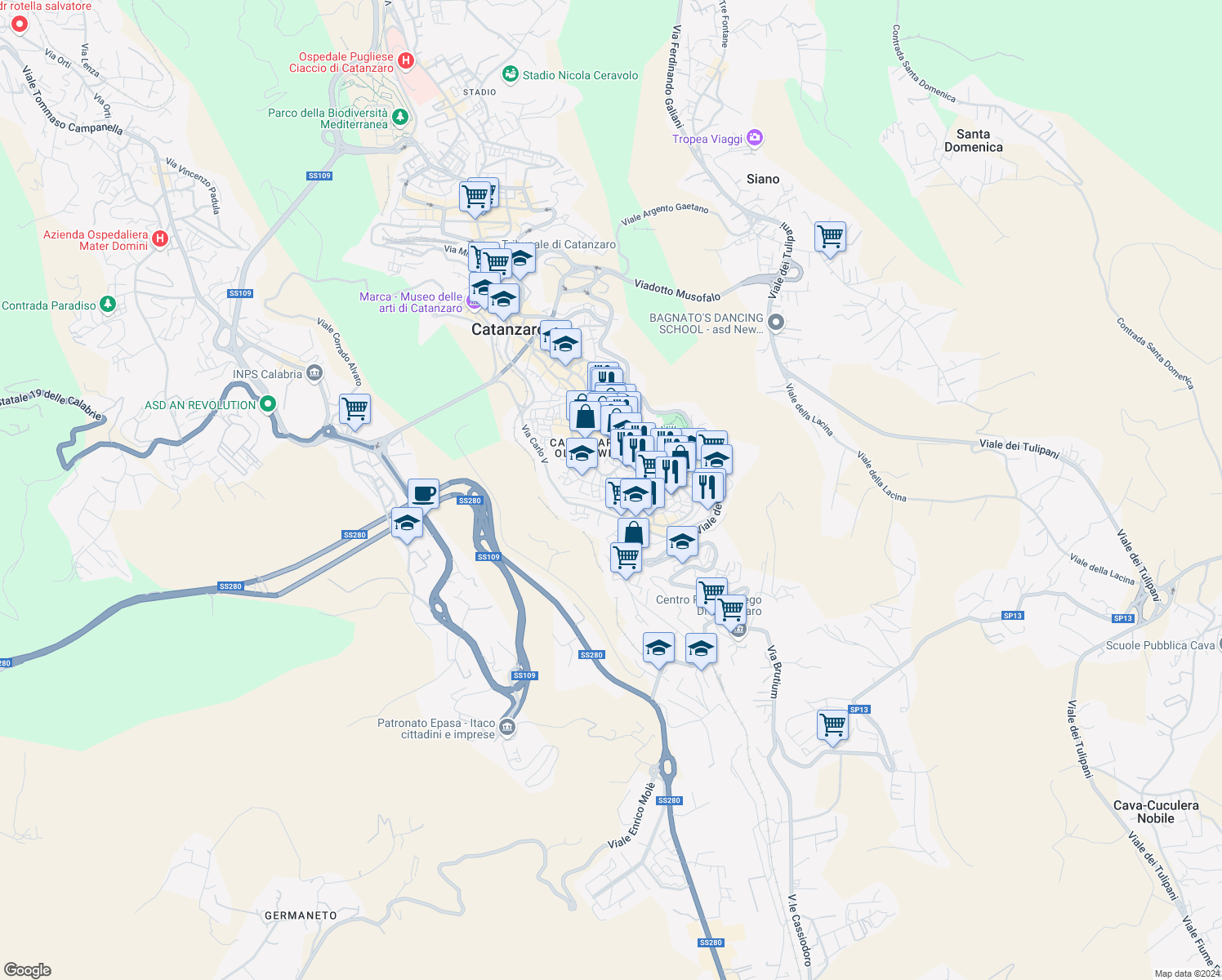 map of restaurants, bars, coffee shops, grocery stores, and more near 14 Via Filanda in Catanzaro