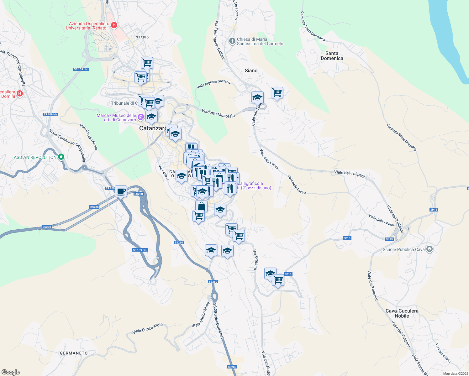 map of restaurants, bars, coffee shops, grocery stores, and more near 99 Viale dei Normanni in Catanzaro