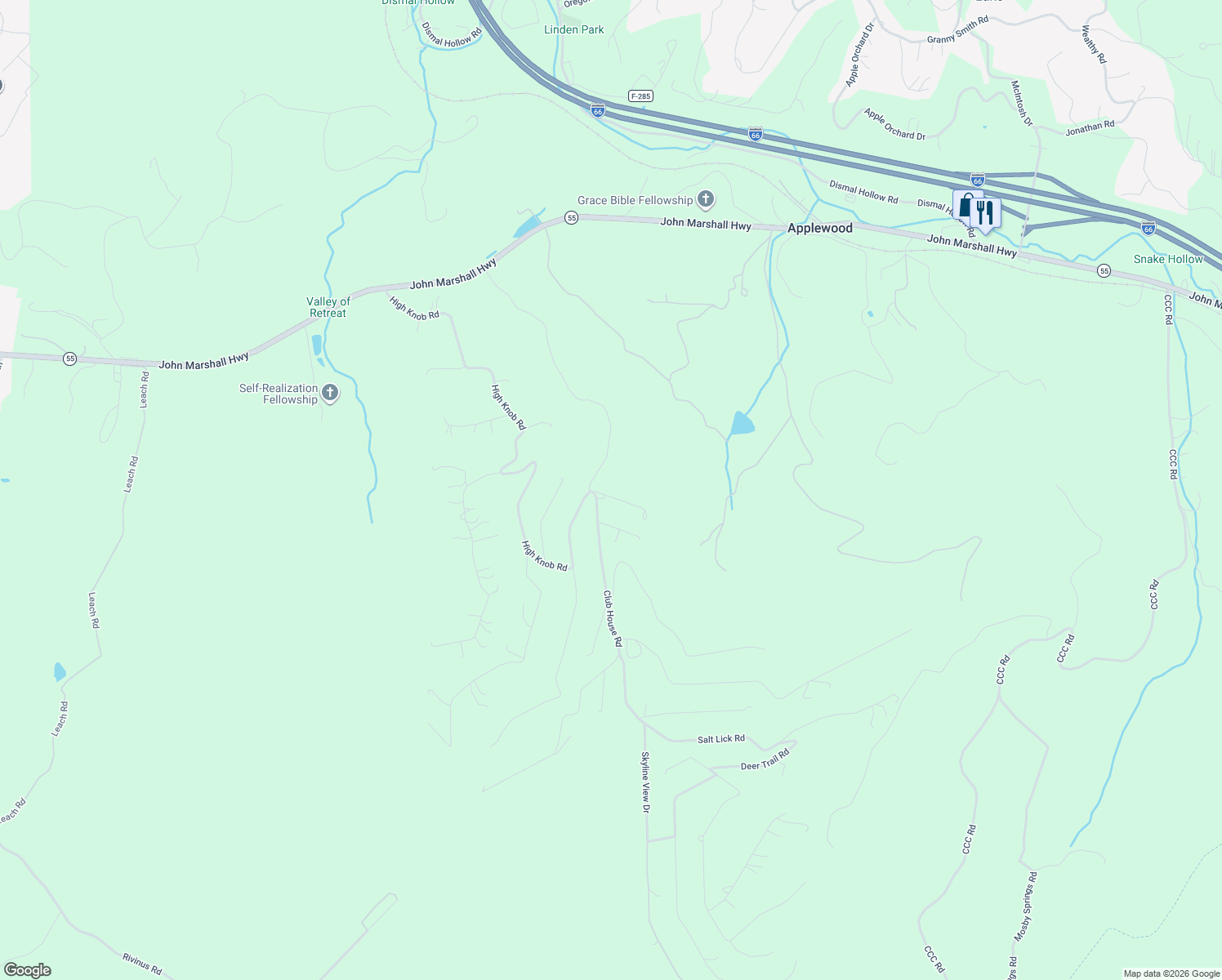 map of restaurants, bars, coffee shops, grocery stores, and more near 31 Pocahontas Road in Front Royal